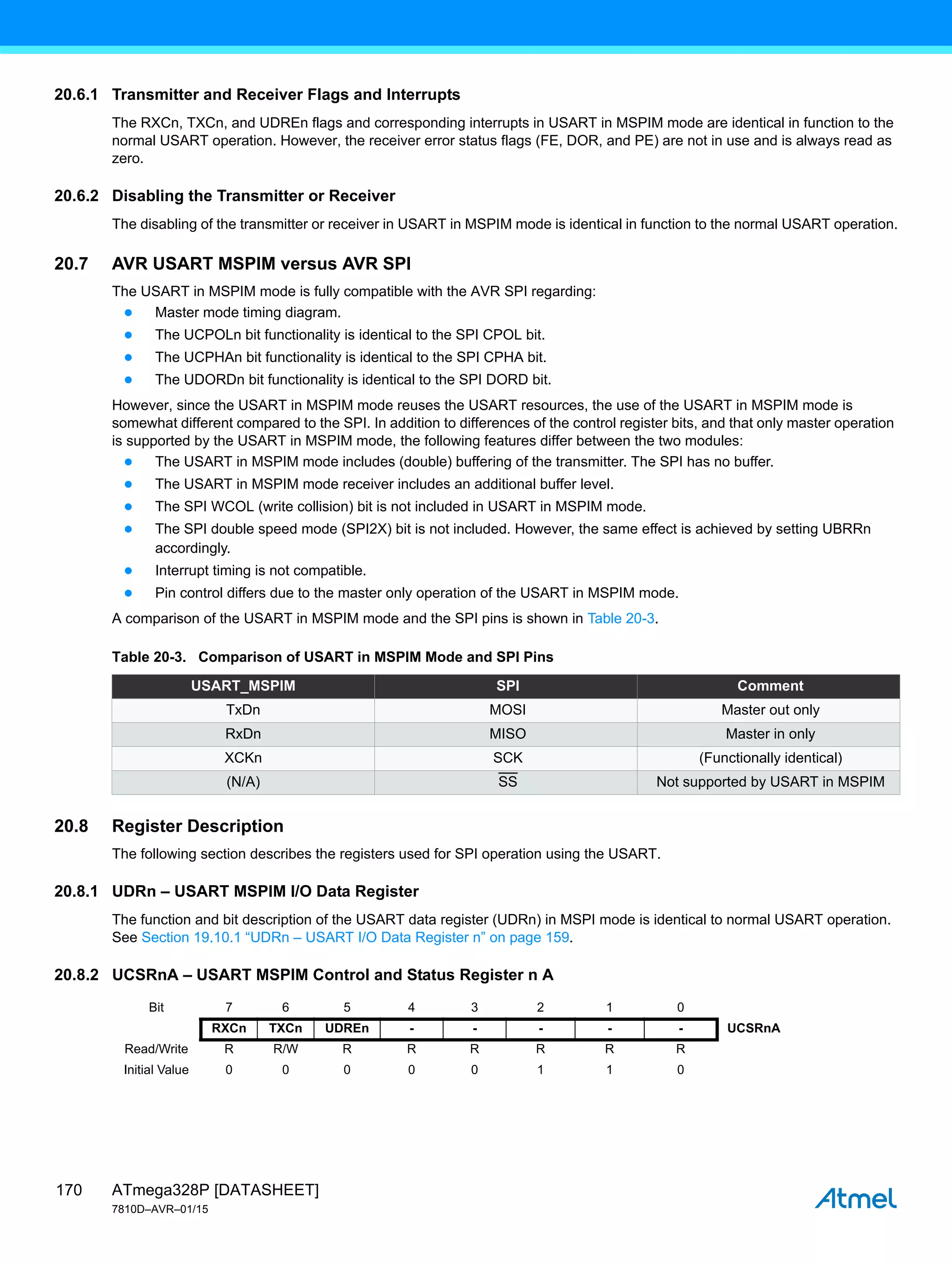 ATmega328P [DATASHEET]
7810D–AVR–01/15
170
20.6.1 Transmitter and Receiver Flags and Interrupts
The RXCn, TXCn, and UDREn flags and corresponding interrupts in USART in MSPIM mode are identical in function to the
normal USART operation. However, the receiver error status flags (FE, DOR, and PE) are not in use and is always read as
zero.
20.6.2 Disabling the Transmitter or Receiver
The disabling of the transmitter or receiver in USART in MSPIM mode is identical in function to the normal USART operation.
20.7 AVR USART MSPIM versus AVR SPI
The USART in MSPIM mode is fully compatible with the AVR SPI regarding:
● Master mode timing diagram.
● The UCPOLn bit functionality is identical to the SPI CPOL bit.
● The UCPHAn bit functionality is identical to the SPI CPHA bit.
● The UDORDn bit functionality is identical to the SPI DORD bit.
However, since the USART in MSPIM mode reuses the USART resources, the use of the USART in MSPIM mode is
somewhat different compared to the SPI. In addition to differences of the control register bits, and that only master operation
is supported by the USART in MSPIM mode, the following features differ between the two modules:
● The USART in MSPIM mode includes (double) buffering of the transmitter. The SPI has no buffer.
● The USART in MSPIM mode receiver includes an additional buffer level.
● The SPI WCOL (write collision) bit is not included in USART in MSPIM mode.
● The SPI double speed mode (SPI2X) bit is not included. However, the same effect is achieved by setting UBRRn
accordingly.
● Interrupt timing is not compatible.
● Pin control differs due to the master only operation of the USART in MSPIM mode.
A comparison of the USART in MSPIM mode and the SPI pins is shown in Table 20-3.
20.8 Register Description
The following section describes the registers used for SPI operation using the USART.
20.8.1 UDRn – USART MSPIM I/O Data Register
The function and bit description of the USART data register (UDRn) in MSPI mode is identical to normal USART operation.
See Section 19.10.1 “UDRn – USART I/O Data Register n” on page 159.
20.8.2 UCSRnA – USART MSPIM Control and Status Register n A
Table 20-3. Comparison of USART in MSPIM Mode and SPI Pins
USART_MSPIM SPI Comment
TxDn MOSI Master out only
RxDn MISO Master in only
XCKn SCK (Functionally identical)
(N/A) SS Not supported by USART in MSPIM
Bit 7 6 5 4 3 2 1 0
RXCn TXCn UDREn - - - - - UCSRnA
Read/Write R R/W R R R R R R
Initial Value 0 0 0 0 0 1 1 0
 