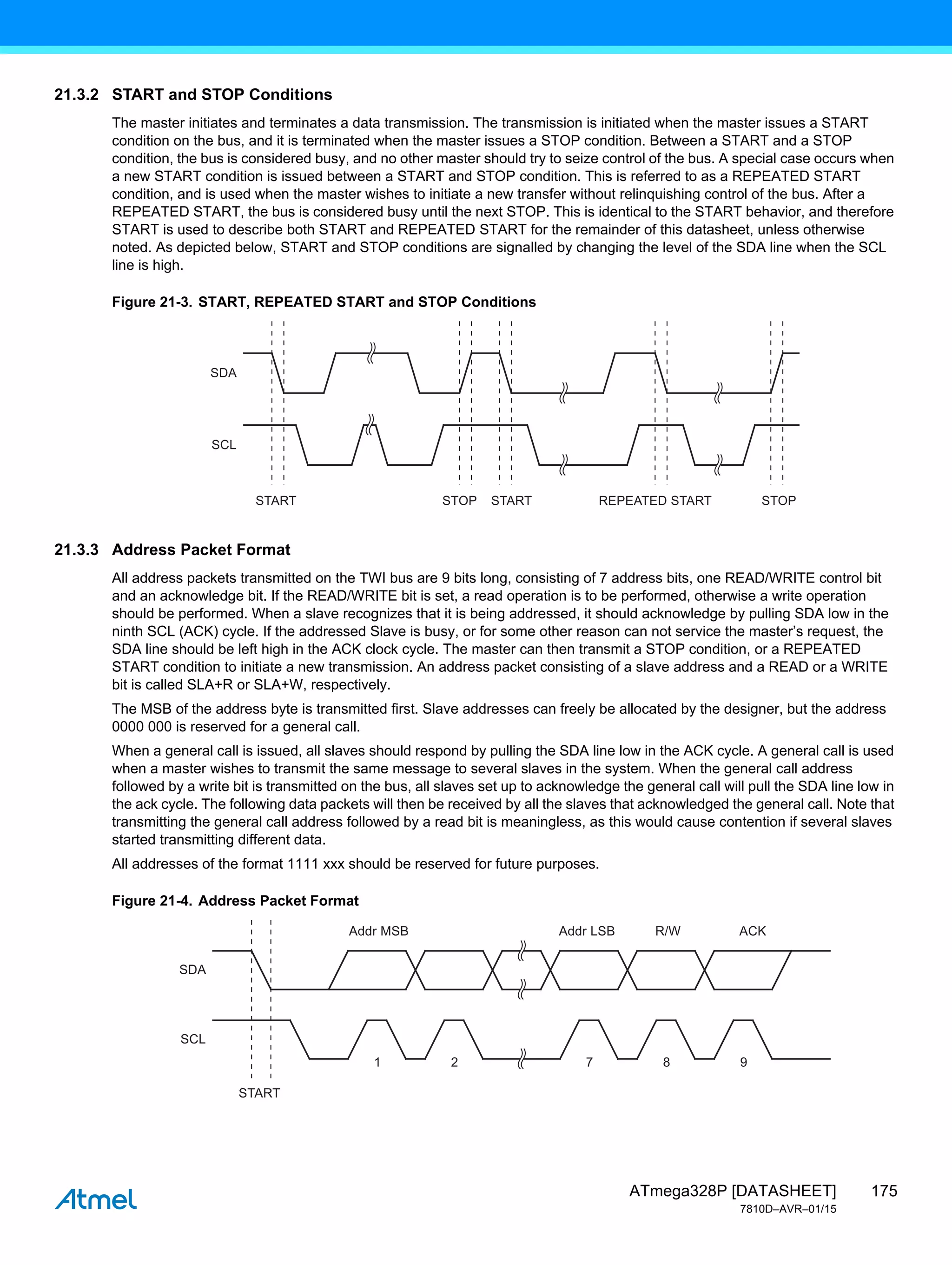 175
ATmega328P [DATASHEET]
7810D–AVR–01/15
21.3.2 START and STOP Conditions
The master initiates and terminates a data transmission. The transmission is initiated when the master issues a START
condition on the bus, and it is terminated when the master issues a STOP condition. Between a START and a STOP
condition, the bus is considered busy, and no other master should try to seize control of the bus. A special case occurs when
a new START condition is issued between a START and STOP condition. This is referred to as a REPEATED START
condition, and is used when the master wishes to initiate a new transfer without relinquishing control of the bus. After a
REPEATED START, the bus is considered busy until the next STOP. This is identical to the START behavior, and therefore
START is used to describe both START and REPEATED START for the remainder of this datasheet, unless otherwise
noted. As depicted below, START and STOP conditions are signalled by changing the level of the SDA line when the SCL
line is high.
Figure 21-3. START, REPEATED START and STOP Conditions
21.3.3 Address Packet Format
All address packets transmitted on the TWI bus are 9 bits long, consisting of 7 address bits, one READ/WRITE control bit
and an acknowledge bit. If the READ/WRITE bit is set, a read operation is to be performed, otherwise a write operation
should be performed. When a slave recognizes that it is being addressed, it should acknowledge by pulling SDA low in the
ninth SCL (ACK) cycle. If the addressed Slave is busy, or for some other reason can not service the master’s request, the
SDA line should be left high in the ACK clock cycle. The master can then transmit a STOP condition, or a REPEATED
START condition to initiate a new transmission. An address packet consisting of a slave address and a READ or a WRITE
bit is called SLA+R or SLA+W, respectively.
The MSB of the address byte is transmitted first. Slave addresses can freely be allocated by the designer, but the address
0000 000 is reserved for a general call.
When a general call is issued, all slaves should respond by pulling the SDA line low in the ACK cycle. A general call is used
when a master wishes to transmit the same message to several slaves in the system. When the general call address
followed by a write bit is transmitted on the bus, all slaves set up to acknowledge the general call will pull the SDA line low in
the ack cycle. The following data packets will then be received by all the slaves that acknowledged the general call. Note that
transmitting the general call address followed by a read bit is meaningless, as this would cause contention if several slaves
started transmitting different data.
All addresses of the format 1111 xxx should be reserved for future purposes.
Figure 21-4. Address Packet Format
SDA
SCL
START START REPEATED START
STOP STOP
SDA
SCL
START
Addr MSB Addr LSB R/W ACK
1 2 7 8 9
 