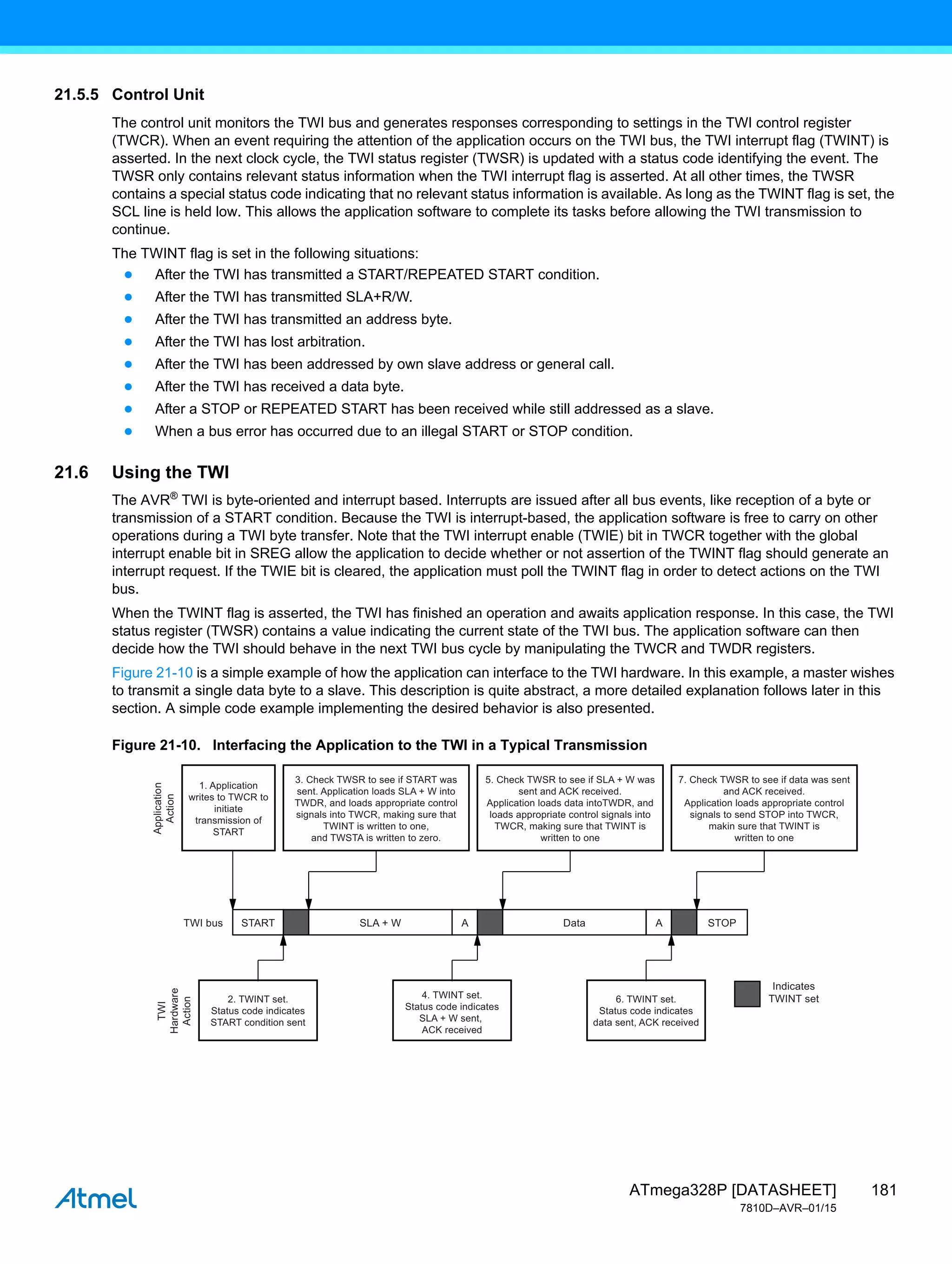 181
ATmega328P [DATASHEET]
7810D–AVR–01/15
21.5.5 Control Unit
The control unit monitors the TWI bus and generates responses corresponding to settings in the TWI control register
(TWCR). When an event requiring the attention of the application occurs on the TWI bus, the TWI interrupt flag (TWINT) is
asserted. In the next clock cycle, the TWI status register (TWSR) is updated with a status code identifying the event. The
TWSR only contains relevant status information when the TWI interrupt flag is asserted. At all other times, the TWSR
contains a special status code indicating that no relevant status information is available. As long as the TWINT flag is set, the
SCL line is held low. This allows the application software to complete its tasks before allowing the TWI transmission to
continue.
The TWINT flag is set in the following situations:
● After the TWI has transmitted a START/REPEATED START condition.
● After the TWI has transmitted SLA+R/W.
● After the TWI has transmitted an address byte.
● After the TWI has lost arbitration.
● After the TWI has been addressed by own slave address or general call.
● After the TWI has received a data byte.
● After a STOP or REPEATED START has been received while still addressed as a slave.
● When a bus error has occurred due to an illegal START or STOP condition.
21.6 Using the TWI
The AVR®
TWI is byte-oriented and interrupt based. Interrupts are issued after all bus events, like reception of a byte or
transmission of a START condition. Because the TWI is interrupt-based, the application software is free to carry on other
operations during a TWI byte transfer. Note that the TWI interrupt enable (TWIE) bit in TWCR together with the global
interrupt enable bit in SREG allow the application to decide whether or not assertion of the TWINT flag should generate an
interrupt request. If the TWIE bit is cleared, the application must poll the TWINT flag in order to detect actions on the TWI
bus.
When the TWINT flag is asserted, the TWI has finished an operation and awaits application response. In this case, the TWI
status register (TWSR) contains a value indicating the current state of the TWI bus. The application software can then
decide how the TWI should behave in the next TWI bus cycle by manipulating the TWCR and TWDR registers.
Figure 21-10 is a simple example of how the application can interface to the TWI hardware. In this example, a master wishes
to transmit a single data byte to a slave. This description is quite abstract, a more detailed explanation follows later in this
section. A simple code example implementing the desired behavior is also presented.
Figure 21-10. Interfacing the Application to the TWI in a Typical Transmission
START
TWI
Hardware
Action
Application
Action
TWI bus
Indicates
TWINT set
SLA + W A A STOP
Data
1. Application
writes to TWCR to
initiate
transmission of
START
2. TWINT set.
Status code indicates
START condition sent
4. TWINT set.
Status code indicates
SLA + W sent,
ACK received
6. TWINT set.
Status code indicates
data sent, ACK received
3. Check TWSR to see if START was
sent. Application loads SLA + W into
TWDR, and loads appropriate control
signals into TWCR, making sure that
TWINT is written to one,
and TWSTA is written to zero.
5. Check TWSR to see if SLA + W was
sent and ACK received.
Application loads data intoTWDR, and
loads appropriate control signals into
TWCR, making sure that TWINT is
written to one
7. Check TWSR to see if data was sent
and ACK received.
Application loads appropriate control
signals to send STOP into TWCR,
makin sure that TWINT is
written to one
 