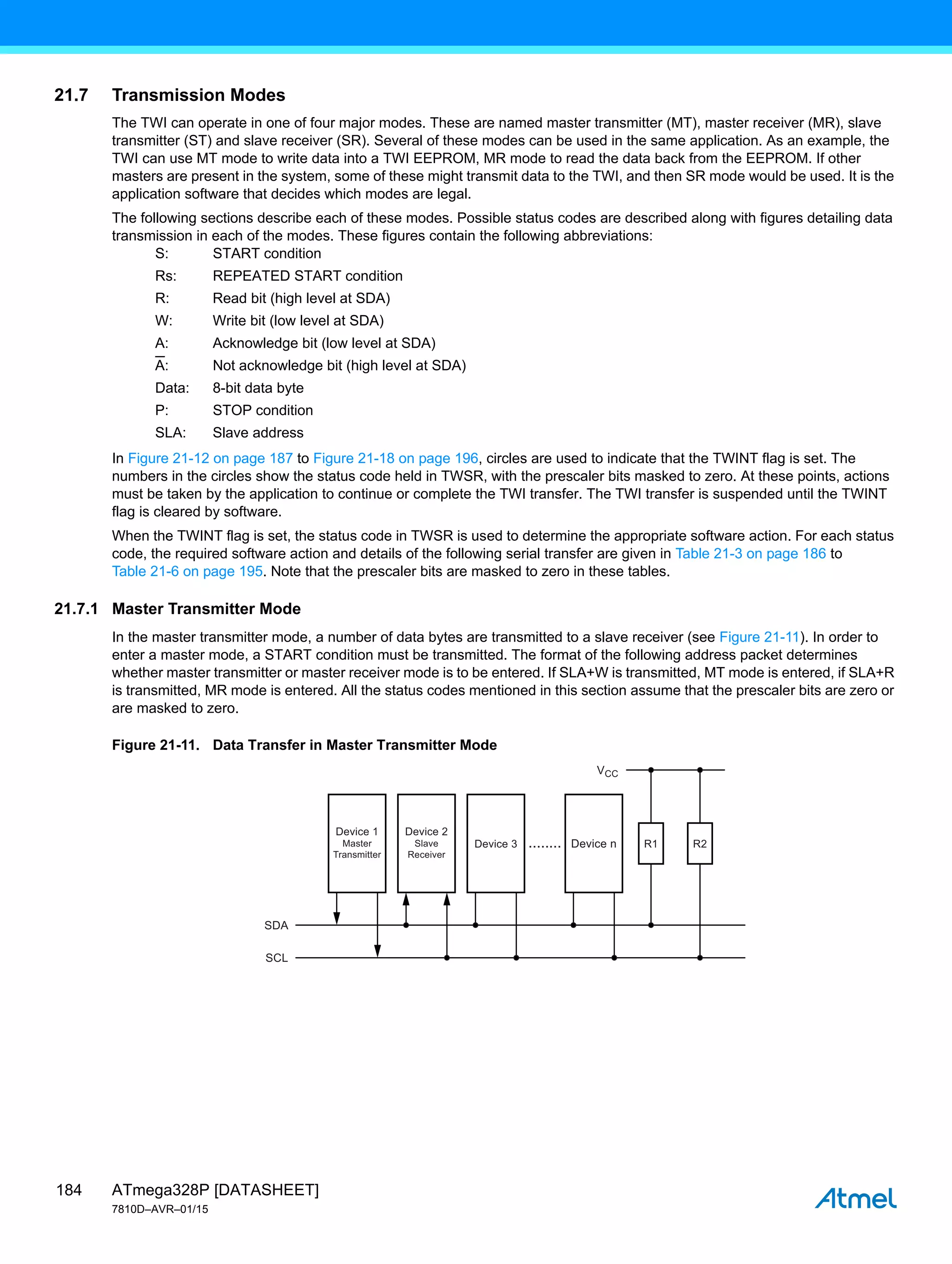 ATmega328P [DATASHEET]
7810D–AVR–01/15
184
21.7 Transmission Modes
The TWI can operate in one of four major modes. These are named master transmitter (MT), master receiver (MR), slave
transmitter (ST) and slave receiver (SR). Several of these modes can be used in the same application. As an example, the
TWI can use MT mode to write data into a TWI EEPROM, MR mode to read the data back from the EEPROM. If other
masters are present in the system, some of these might transmit data to the TWI, and then SR mode would be used. It is the
application software that decides which modes are legal.
The following sections describe each of these modes. Possible status codes are described along with figures detailing data
transmission in each of the modes. These figures contain the following abbreviations:
S: START condition
Rs: REPEATED START condition
R: Read bit (high level at SDA)
W: Write bit (low level at SDA)
A: Acknowledge bit (low level at SDA)
A: Not acknowledge bit (high level at SDA)
Data: 8-bit data byte
P: STOP condition
SLA: Slave address
In Figure 21-12 on page 187 to Figure 21-18 on page 196, circles are used to indicate that the TWINT flag is set. The
numbers in the circles show the status code held in TWSR, with the prescaler bits masked to zero. At these points, actions
must be taken by the application to continue or complete the TWI transfer. The TWI transfer is suspended until the TWINT
flag is cleared by software.
When the TWINT flag is set, the status code in TWSR is used to determine the appropriate software action. For each status
code, the required software action and details of the following serial transfer are given in Table 21-3 on page 186 to
Table 21-6 on page 195. Note that the prescaler bits are masked to zero in these tables.
21.7.1 Master Transmitter Mode
In the master transmitter mode, a number of data bytes are transmitted to a slave receiver (see Figure 21-11). In order to
enter a master mode, a START condition must be transmitted. The format of the following address packet determines
whether master transmitter or master receiver mode is to be entered. If SLA+W is transmitted, MT mode is entered, if SLA+R
is transmitted, MR mode is entered. All the status codes mentioned in this section assume that the prescaler bits are zero or
are masked to zero.
Figure 21-11. Data Transfer in Master Transmitter Mode
Device 1
Master
Transmitter
SDA
SCL
VCC
Device 3 Device n
........ R1 R2
Device 2
Slave
Receiver
 