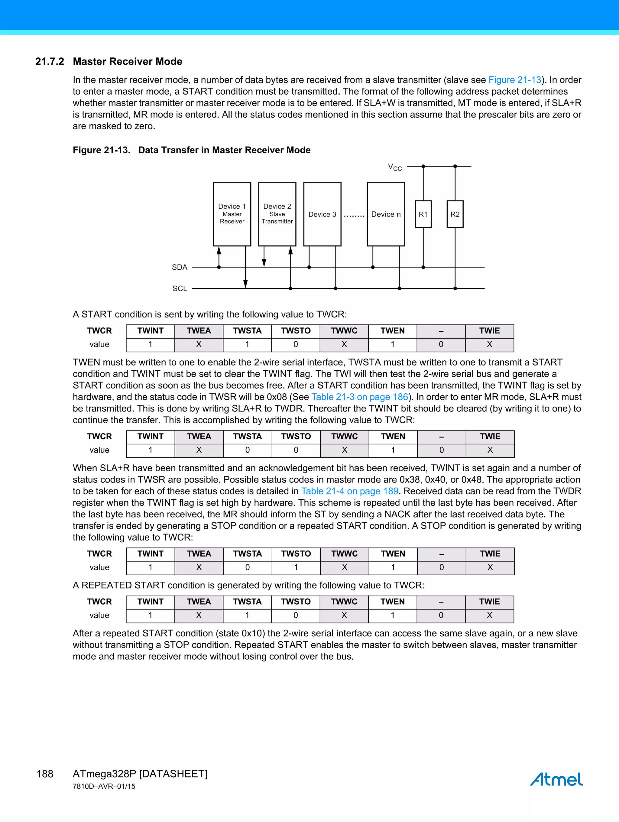 ATmega328P [DATASHEET]
7810D–AVR–01/15
188
21.7.2 Master Receiver Mode
In the master receiver mode, a number of data bytes are received from a slave transmitter (slave see Figure 21-13). In order
to enter a master mode, a START condition must be transmitted. The format of the following address packet determines
whether master transmitter or master receiver mode is to be entered. If SLA+W is transmitted, MT mode is entered, if SLA+R
is transmitted, MR mode is entered. All the status codes mentioned in this section assume that the prescaler bits are zero or
are masked to zero.
Figure 21-13. Data Transfer in Master Receiver Mode
A START condition is sent by writing the following value to TWCR:
TWEN must be written to one to enable the 2-wire serial interface, TWSTA must be written to one to transmit a START
condition and TWINT must be set to clear the TWINT flag. The TWI will then test the 2-wire serial bus and generate a
START condition as soon as the bus becomes free. After a START condition has been transmitted, the TWINT flag is set by
hardware, and the status code in TWSR will be 0x08 (See Table 21-3 on page 186). In order to enter MR mode, SLA+R must
be transmitted. This is done by writing SLA+R to TWDR. Thereafter the TWINT bit should be cleared (by writing it to one) to
continue the transfer. This is accomplished by writing the following value to TWCR:
When SLA+R have been transmitted and an acknowledgement bit has been received, TWINT is set again and a number of
status codes in TWSR are possible. Possible status codes in master mode are 0x38, 0x40, or 0x48. The appropriate action
to be taken for each of these status codes is detailed in Table 21-4 on page 189. Received data can be read from the TWDR
register when the TWINT flag is set high by hardware. This scheme is repeated until the last byte has been received. After
the last byte has been received, the MR should inform the ST by sending a NACK after the last received data byte. The
transfer is ended by generating a STOP condition or a repeated START condition. A STOP condition is generated by writing
the following value to TWCR:
A REPEATED START condition is generated by writing the following value to TWCR:
After a repeated START condition (state 0x10) the 2-wire serial interface can access the same slave again, or a new slave
without transmitting a STOP condition. Repeated START enables the master to switch between slaves, master transmitter
mode and master receiver mode without losing control over the bus.
TWCR TWINT TWEA TWSTA TWSTO TWWC TWEN – TWIE
value 1 X 1 0 X 1 0 X
TWCR TWINT TWEA TWSTA TWSTO TWWC TWEN – TWIE
value 1 X 0 0 X 1 0 X
TWCR TWINT TWEA TWSTA TWSTO TWWC TWEN – TWIE
value 1 X 0 1 X 1 0 X
TWCR TWINT TWEA TWSTA TWSTO TWWC TWEN – TWIE
value 1 X 1 0 X 1 0 X
Device 1
Master
Receiver
SDA
SCL
VCC
Device 3 Device n
........ R1 R2
Device 2
Slave
Transmitter
 