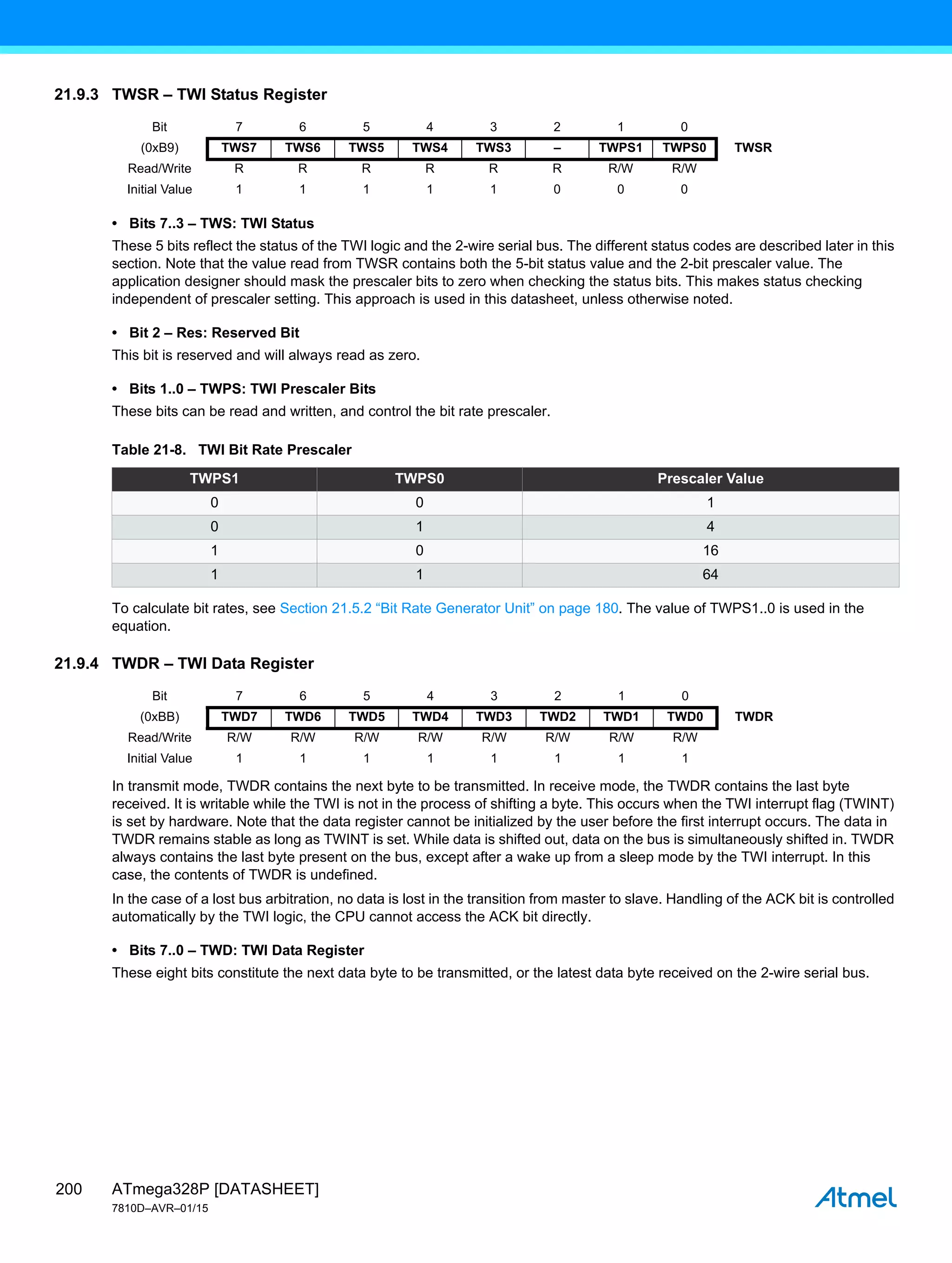 ATmega328P [DATASHEET]
7810D–AVR–01/15
200
21.9.3 TWSR – TWI Status Register
• Bits 7..3 – TWS: TWI Status
These 5 bits reflect the status of the TWI logic and the 2-wire serial bus. The different status codes are described later in this
section. Note that the value read from TWSR contains both the 5-bit status value and the 2-bit prescaler value. The
application designer should mask the prescaler bits to zero when checking the status bits. This makes status checking
independent of prescaler setting. This approach is used in this datasheet, unless otherwise noted.
• Bit 2 – Res: Reserved Bit
This bit is reserved and will always read as zero.
• Bits 1..0 – TWPS: TWI Prescaler Bits
These bits can be read and written, and control the bit rate prescaler.
To calculate bit rates, see Section 21.5.2 “Bit Rate Generator Unit” on page 180. The value of TWPS1..0 is used in the
equation.
21.9.4 TWDR – TWI Data Register
In transmit mode, TWDR contains the next byte to be transmitted. In receive mode, the TWDR contains the last byte
received. It is writable while the TWI is not in the process of shifting a byte. This occurs when the TWI interrupt flag (TWINT)
is set by hardware. Note that the data register cannot be initialized by the user before the first interrupt occurs. The data in
TWDR remains stable as long as TWINT is set. While data is shifted out, data on the bus is simultaneously shifted in. TWDR
always contains the last byte present on the bus, except after a wake up from a sleep mode by the TWI interrupt. In this
case, the contents of TWDR is undefined.
In the case of a lost bus arbitration, no data is lost in the transition from master to slave. Handling of the ACK bit is controlled
automatically by the TWI logic, the CPU cannot access the ACK bit directly.
• Bits 7..0 – TWD: TWI Data Register
These eight bits constitute the next data byte to be transmitted, or the latest data byte received on the 2-wire serial bus.
Bit 7 6 5 4 3 2 1 0
(0xB9) TWS7 TWS6 TWS5 TWS4 TWS3 – TWPS1 TWPS0 TWSR
Read/Write R R R R R R R/W R/W
Initial Value 1 1 1 1 1 0 0 0
Table 21-8. TWI Bit Rate Prescaler
TWPS1 TWPS0 Prescaler Value
0 0 1
0 1 4
1 0 16
1 1 64
Bit 7 6 5 4 3 2 1 0
(0xBB) TWD7 TWD6 TWD5 TWD4 TWD3 TWD2 TWD1 TWD0 TWDR
Read/Write R/W R/W R/W R/W R/W R/W R/W R/W
Initial Value 1 1 1 1 1 1 1 1
 