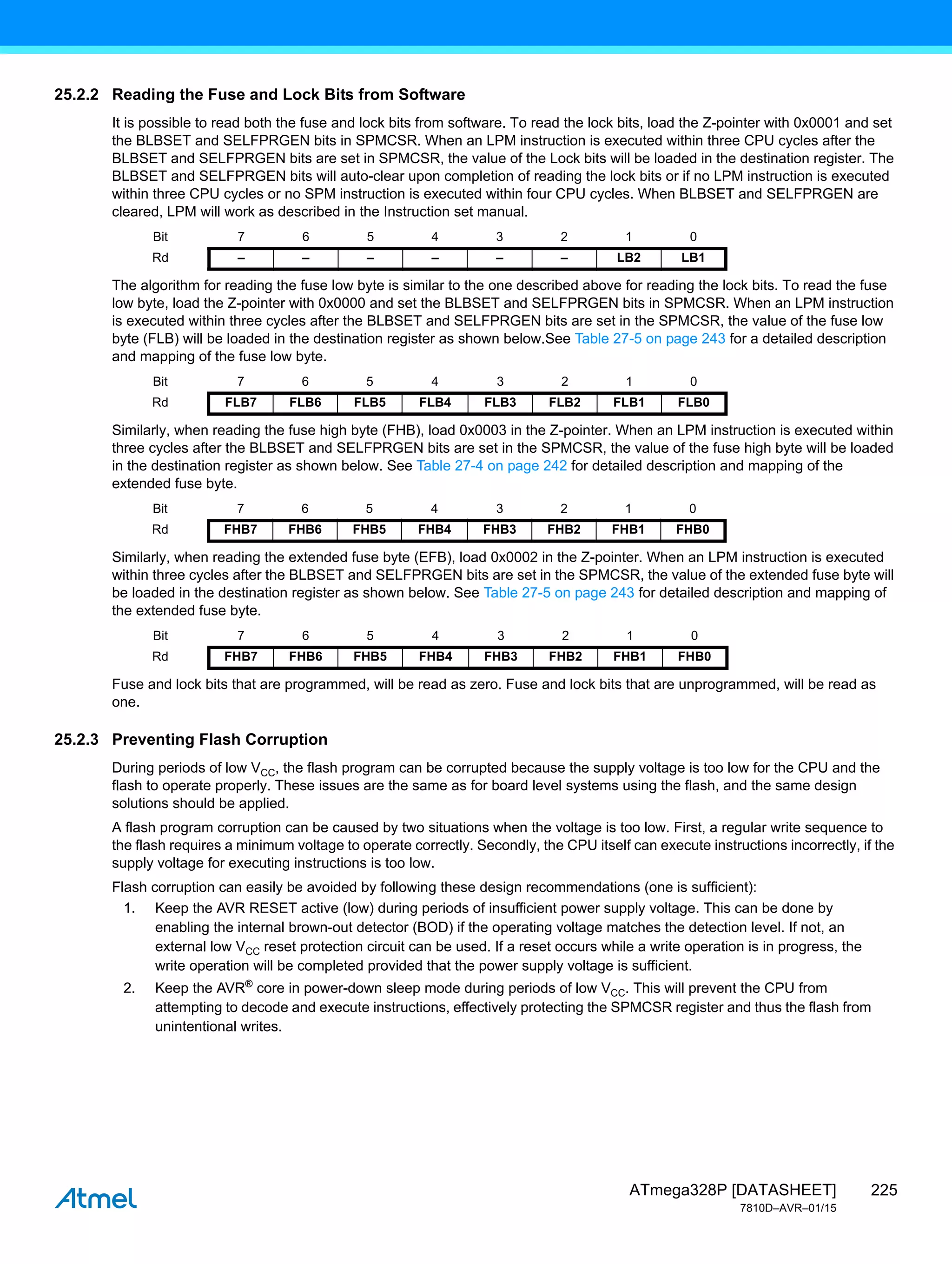 225
ATmega328P [DATASHEET]
7810D–AVR–01/15
25.2.2 Reading the Fuse and Lock Bits from Software
It is possible to read both the fuse and lock bits from software. To read the lock bits, load the Z-pointer with 0x0001 and set
the BLBSET and SELFPRGEN bits in SPMCSR. When an LPM instruction is executed within three CPU cycles after the
BLBSET and SELFPRGEN bits are set in SPMCSR, the value of the Lock bits will be loaded in the destination register. The
BLBSET and SELFPRGEN bits will auto-clear upon completion of reading the lock bits or if no LPM instruction is executed
within three CPU cycles or no SPM instruction is executed within four CPU cycles. When BLBSET and SELFPRGEN are
cleared, LPM will work as described in the Instruction set manual.
The algorithm for reading the fuse low byte is similar to the one described above for reading the lock bits. To read the fuse
low byte, load the Z-pointer with 0x0000 and set the BLBSET and SELFPRGEN bits in SPMCSR. When an LPM instruction
is executed within three cycles after the BLBSET and SELFPRGEN bits are set in the SPMCSR, the value of the fuse low
byte (FLB) will be loaded in the destination register as shown below.See Table 27-5 on page 243 for a detailed description
and mapping of the fuse low byte.
Similarly, when reading the fuse high byte (FHB), load 0x0003 in the Z-pointer. When an LPM instruction is executed within
three cycles after the BLBSET and SELFPRGEN bits are set in the SPMCSR, the value of the fuse high byte will be loaded
in the destination register as shown below. See Table 27-4 on page 242 for detailed description and mapping of the
extended fuse byte.
Similarly, when reading the extended fuse byte (EFB), load 0x0002 in the Z-pointer. When an LPM instruction is executed
within three cycles after the BLBSET and SELFPRGEN bits are set in the SPMCSR, the value of the extended fuse byte will
be loaded in the destination register as shown below. See Table 27-5 on page 243 for detailed description and mapping of
the extended fuse byte.
Fuse and lock bits that are programmed, will be read as zero. Fuse and lock bits that are unprogrammed, will be read as
one.
25.2.3 Preventing Flash Corruption
During periods of low VCC, the flash program can be corrupted because the supply voltage is too low for the CPU and the
flash to operate properly. These issues are the same as for board level systems using the flash, and the same design
solutions should be applied.
A flash program corruption can be caused by two situations when the voltage is too low. First, a regular write sequence to
the flash requires a minimum voltage to operate correctly. Secondly, the CPU itself can execute instructions incorrectly, if the
supply voltage for executing instructions is too low.
Flash corruption can easily be avoided by following these design recommendations (one is sufficient):
1. Keep the AVR RESET active (low) during periods of insufficient power supply voltage. This can be done by
enabling the internal brown-out detector (BOD) if the operating voltage matches the detection level. If not, an
external low VCC reset protection circuit can be used. If a reset occurs while a write operation is in progress, the
write operation will be completed provided that the power supply voltage is sufficient.
2. Keep the AVR®
core in power-down sleep mode during periods of low VCC. This will prevent the CPU from
attempting to decode and execute instructions, effectively protecting the SPMCSR register and thus the flash from
unintentional writes.
Bit 7 6 5 4 3 2 1 0
Rd – – – – – – LB2 LB1
Bit 7 6 5 4 3 2 1 0
Rd FLB7 FLB6 FLB5 FLB4 FLB3 FLB2 FLB1 FLB0
Bit 7 6 5 4 3 2 1 0
Rd FHB7 FHB6 FHB5 FHB4 FHB3 FHB2 FHB1 FHB0
Bit 7 6 5 4 3 2 1 0
Rd FHB7 FHB6 FHB5 FHB4 FHB3 FHB2 FHB1 FHB0
 