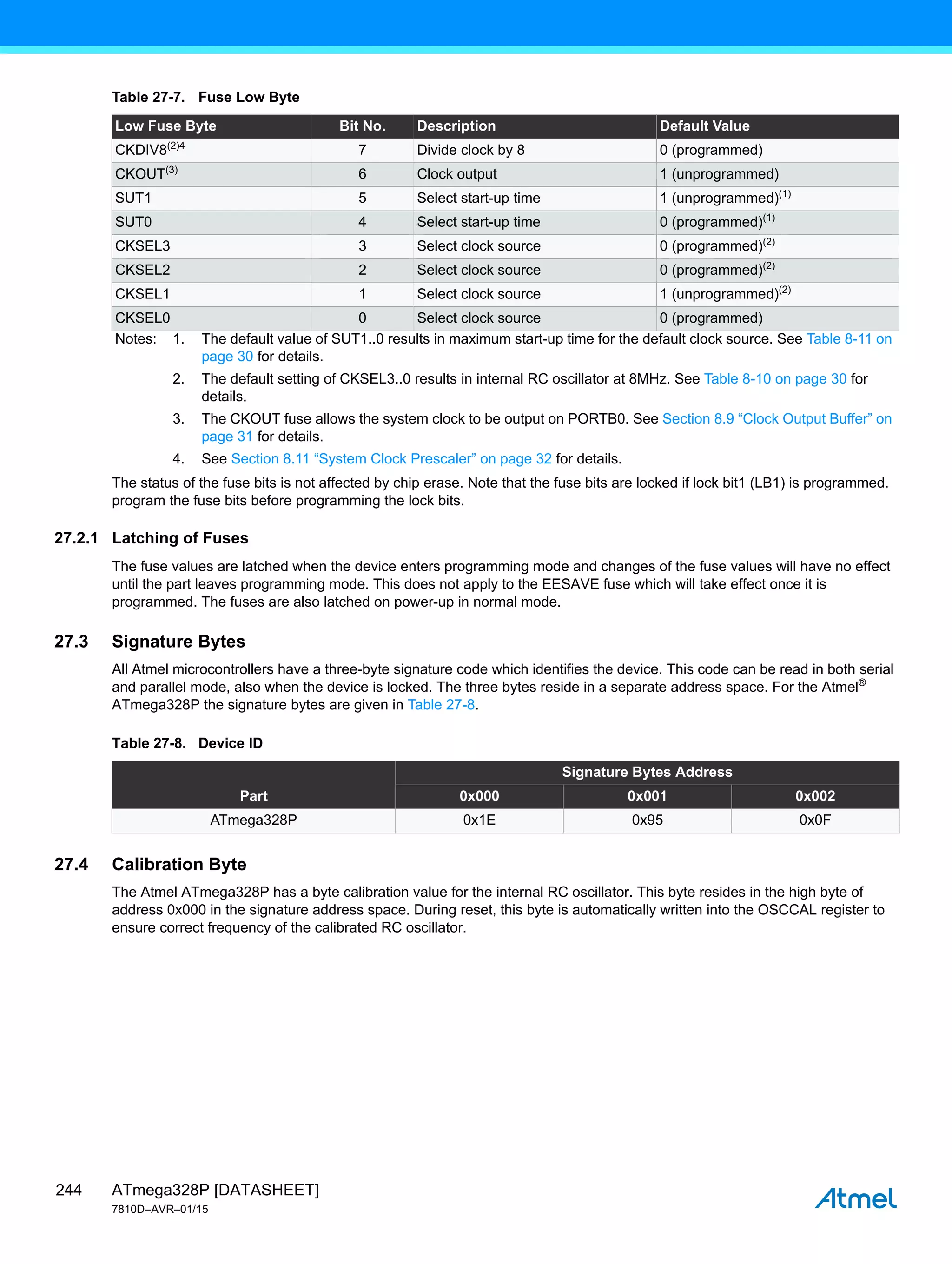 ATmega328P [DATASHEET]
7810D–AVR–01/15
244
The status of the fuse bits is not affected by chip erase. Note that the fuse bits are locked if lock bit1 (LB1) is programmed.
program the fuse bits before programming the lock bits.
27.2.1 Latching of Fuses
The fuse values are latched when the device enters programming mode and changes of the fuse values will have no effect
until the part leaves programming mode. This does not apply to the EESAVE fuse which will take effect once it is
programmed. The fuses are also latched on power-up in normal mode.
27.3 Signature Bytes
All Atmel microcontrollers have a three-byte signature code which identifies the device. This code can be read in both serial
and parallel mode, also when the device is locked. The three bytes reside in a separate address space. For the Atmel®
ATmega328P the signature bytes are given in Table 27-8.
27.4 Calibration Byte
The Atmel ATmega328P has a byte calibration value for the internal RC oscillator. This byte resides in the high byte of
address 0x000 in the signature address space. During reset, this byte is automatically written into the OSCCAL register to
ensure correct frequency of the calibrated RC oscillator.
Table 27-7. Fuse Low Byte
Low Fuse Byte Bit No. Description Default Value
CKDIV8(2)4
7 Divide clock by 8 0 (programmed)
CKOUT(3)
6 Clock output 1 (unprogrammed)
SUT1 5 Select start-up time 1 (unprogrammed)(1)
SUT0 4 Select start-up time 0 (programmed)(1)
CKSEL3 3 Select clock source 0 (programmed)(2)
CKSEL2 2 Select clock source 0 (programmed)(2)
CKSEL1 1 Select clock source 1 (unprogrammed)(2)
CKSEL0 0 Select clock source 0 (programmed)
Notes: 1. The default value of SUT1..0 results in maximum start-up time for the default clock source. See Table 8-11 on
page 30 for details.
2. The default setting of CKSEL3..0 results in internal RC oscillator at 8MHz. See Table 8-10 on page 30 for
details.
3. The CKOUT fuse allows the system clock to be output on PORTB0. See Section 8.9 “Clock Output Buffer” on
page 31 for details.
4. See Section 8.11 “System Clock Prescaler” on page 32 for details.
Table 27-8. Device ID
Part
Signature Bytes Address
0x000 0x001 0x002
ATmega328P 0x1E 0x95 0x0F
 