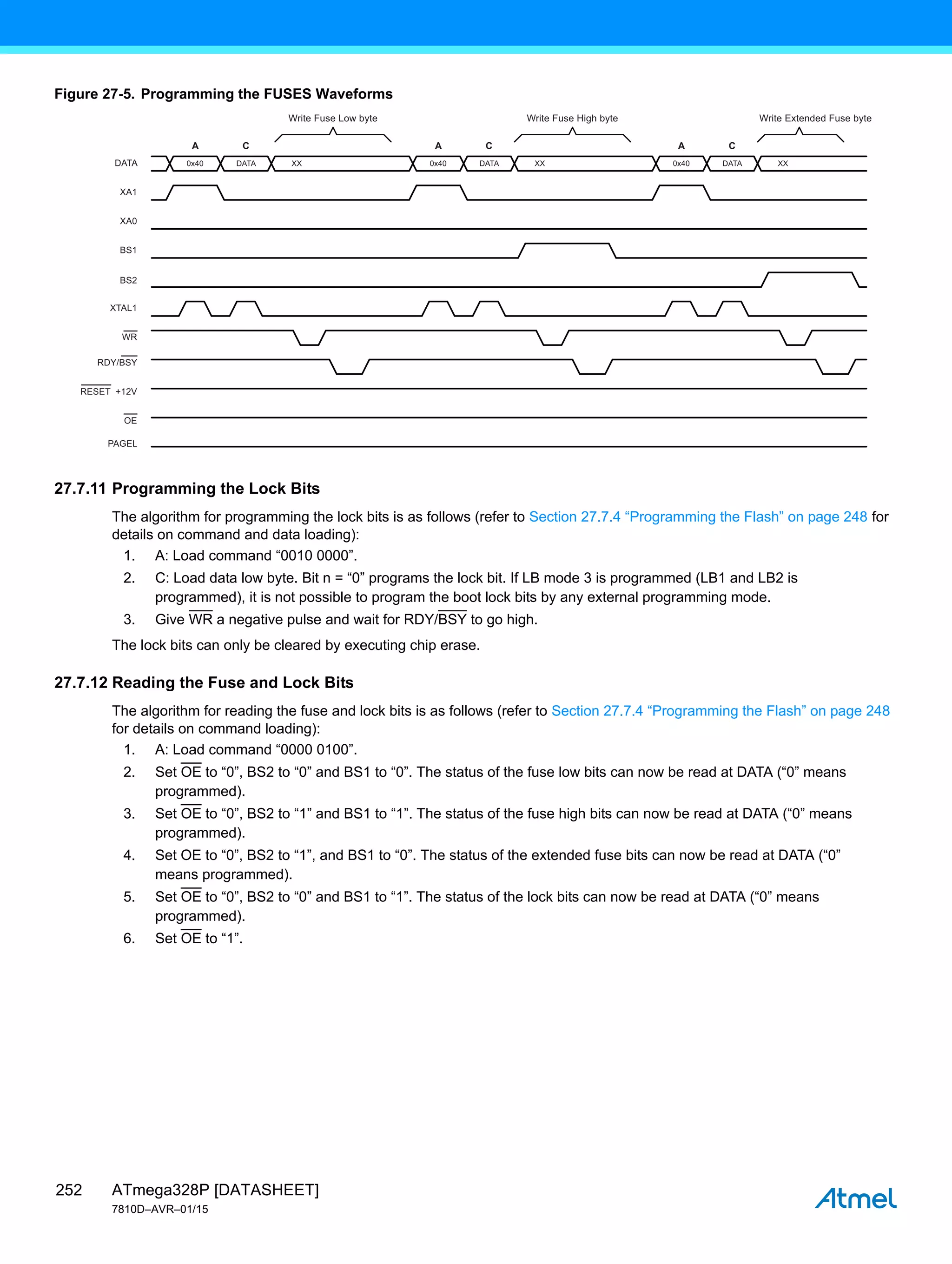 ATmega328P [DATASHEET]
7810D–AVR–01/15
252
Figure 27-5. Programming the FUSES Waveforms
27.7.11 Programming the Lock Bits
The algorithm for programming the lock bits is as follows (refer to Section 27.7.4 “Programming the Flash” on page 248 for
details on command and data loading):
1. A: Load command “0010 0000”.
2. C: Load data low byte. Bit n = “0” programs the lock bit. If LB mode 3 is programmed (LB1 and LB2 is
programmed), it is not possible to program the boot lock bits by any external programming mode.
3. Give WR a negative pulse and wait for RDY/BSY to go high.
The lock bits can only be cleared by executing chip erase.
27.7.12 Reading the Fuse and Lock Bits
The algorithm for reading the fuse and lock bits is as follows (refer to Section 27.7.4 “Programming the Flash” on page 248
for details on command loading):
1. A: Load command “0000 0100”.
2. Set OE to “0”, BS2 to “0” and BS1 to “0”. The status of the fuse low bits can now be read at DATA (“0” means
programmed).
3. Set OE to “0”, BS2 to “1” and BS1 to “1”. The status of the fuse high bits can now be read at DATA (“0” means
programmed).
4. Set OE to “0”, BS2 to “1”, and BS1 to “0”. The status of the extended fuse bits can now be read at DATA (“0”
means programmed).
5. Set OE to “0”, BS2 to “0” and BS1 to “1”. The status of the lock bits can now be read at DATA (“0” means
programmed).
6. Set OE to “1”.
0x40
A C
DATA
XA1
XA0
BS1
BS2
XTAL1
WR
PAGEL
RDY/BSY
OE
RESET +12V
0x40 0x40 DATA
A
DATA XX
C
Write Fuse Low byte Write Fuse High byte Write Extended Fuse byte
XX
DATA
A
XX
C
 
