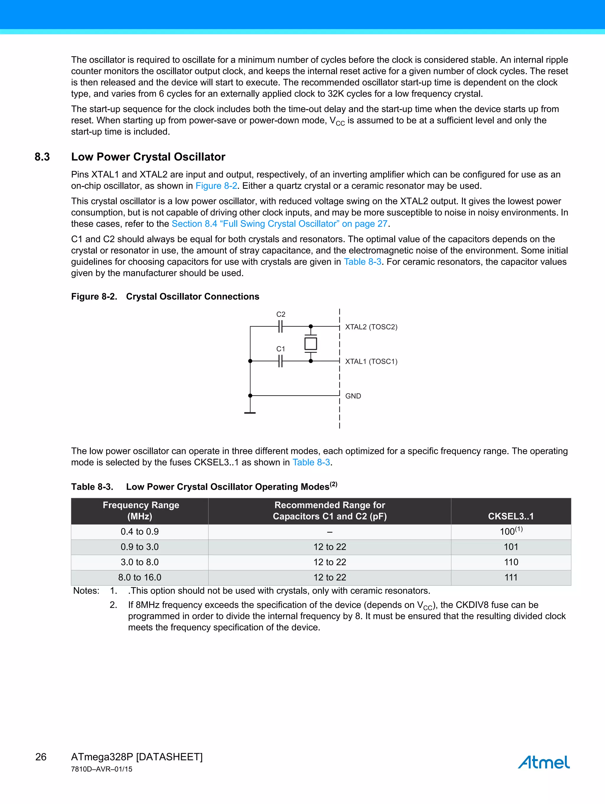 ATmega328P [DATASHEET]
7810D–AVR–01/15
26
The oscillator is required to oscillate for a minimum number of cycles before the clock is considered stable. An internal ripple
counter monitors the oscillator output clock, and keeps the internal reset active for a given number of clock cycles. The reset
is then released and the device will start to execute. The recommended oscillator start-up time is dependent on the clock
type, and varies from 6 cycles for an externally applied clock to 32K cycles for a low frequency crystal.
The start-up sequence for the clock includes both the time-out delay and the start-up time when the device starts up from
reset. When starting up from power-save or power-down mode, VCC is assumed to be at a sufficient level and only the
start-up time is included.
8.3 Low Power Crystal Oscillator
Pins XTAL1 and XTAL2 are input and output, respectively, of an inverting amplifier which can be configured for use as an
on-chip oscillator, as shown in Figure 8-2. Either a quartz crystal or a ceramic resonator may be used.
This crystal oscillator is a low power oscillator, with reduced voltage swing on the XTAL2 output. It gives the lowest power
consumption, but is not capable of driving other clock inputs, and may be more susceptible to noise in noisy environments. In
these cases, refer to the Section 8.4 “Full Swing Crystal Oscillator” on page 27.
C1 and C2 should always be equal for both crystals and resonators. The optimal value of the capacitors depends on the
crystal or resonator in use, the amount of stray capacitance, and the electromagnetic noise of the environment. Some initial
guidelines for choosing capacitors for use with crystals are given in Table 8-3. For ceramic resonators, the capacitor values
given by the manufacturer should be used.
Figure 8-2. Crystal Oscillator Connections
The low power oscillator can operate in three different modes, each optimized for a specific frequency range. The operating
mode is selected by the fuses CKSEL3..1 as shown in Table 8-3.
Table 8-3. Low Power Crystal Oscillator Operating Modes(2)
Frequency Range
(MHz)
Recommended Range for
Capacitors C1 and C2 (pF) CKSEL3..1
0.4 to 0.9 – 100(1)
0.9 to 3.0 12 to 22 101
3.0 to 8.0 12 to 22 110
8.0 to 16.0 12 to 22 111
Notes: 1. .This option should not be used with crystals, only with ceramic resonators.
2. If 8MHz frequency exceeds the specification of the device (depends on VCC), the CKDIV8 fuse can be
programmed in order to divide the internal frequency by 8. It must be ensured that the resulting divided clock
meets the frequency specification of the device.
C2
XTAL2 (TOSC2)
XTAL1 (TOSC1)
GND
C1
 