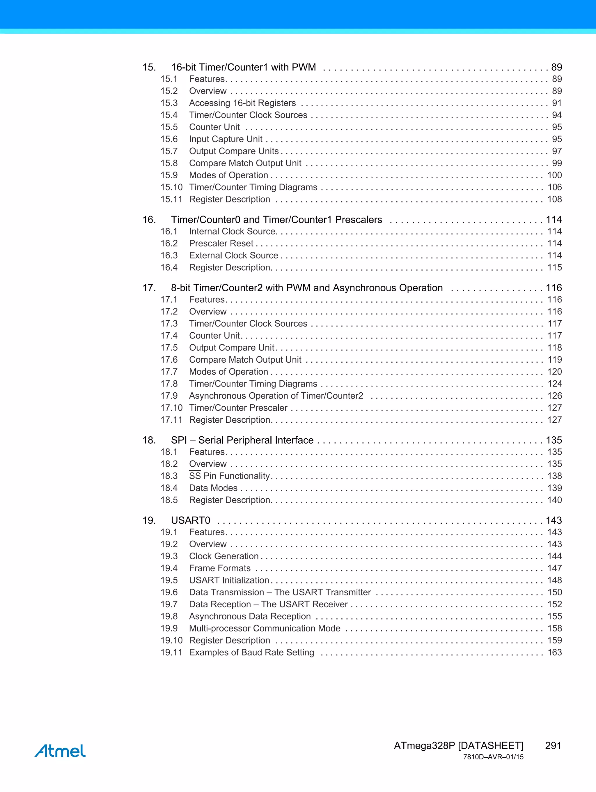 291
ATmega328P [DATASHEET]
7810D–AVR–01/15
15. 16-bit Timer/Counter1 with PWM . . . . . . . . . . . . . . . . . . . . . . . . . . . . . . . . . . . . . . . . . 89
15.1 Features. . . . . . . . . . . . . . . . . . . . . . . . . . . . . . . . . . . . . . . . . . . . . . . . . . . . . . . . . . . . . . . . . 89
15.2 Overview . . . . . . . . . . . . . . . . . . . . . . . . . . . . . . . . . . . . . . . . . . . . . . . . . . . . . . . . . . . . . . . . 89
15.3 Accessing 16-bit Registers . . . . . . . . . . . . . . . . . . . . . . . . . . . . . . . . . . . . . . . . . . . . . . . . . . 91
15.4 Timer/Counter Clock Sources . . . . . . . . . . . . . . . . . . . . . . . . . . . . . . . . . . . . . . . . . . . . . . . . 94
15.5 Counter Unit . . . . . . . . . . . . . . . . . . . . . . . . . . . . . . . . . . . . . . . . . . . . . . . . . . . . . . . . . . . . . 95
15.6 Input Capture Unit . . . . . . . . . . . . . . . . . . . . . . . . . . . . . . . . . . . . . . . . . . . . . . . . . . . . . . . . . 95
15.7 Output Compare Units . . . . . . . . . . . . . . . . . . . . . . . . . . . . . . . . . . . . . . . . . . . . . . . . . . . . . . 97
15.8 Compare Match Output Unit . . . . . . . . . . . . . . . . . . . . . . . . . . . . . . . . . . . . . . . . . . . . . . . . . 99
15.9 Modes of Operation . . . . . . . . . . . . . . . . . . . . . . . . . . . . . . . . . . . . . . . . . . . . . . . . . . . . . . . 100
15.10 Timer/Counter Timing Diagrams . . . . . . . . . . . . . . . . . . . . . . . . . . . . . . . . . . . . . . . . . . . . . 106
15.11 Register Description . . . . . . . . . . . . . . . . . . . . . . . . . . . . . . . . . . . . . . . . . . . . . . . . . . . . . . 108
16. Timer/Counter0 and Timer/Counter1 Prescalers . . . . . . . . . . . . . . . . . . . . . . . . . . . . 114
16.1 Internal Clock Source. . . . . . . . . . . . . . . . . . . . . . . . . . . . . . . . . . . . . . . . . . . . . . . . . . . . . . 114
16.2 Prescaler Reset . . . . . . . . . . . . . . . . . . . . . . . . . . . . . . . . . . . . . . . . . . . . . . . . . . . . . . . . . . 114
16.3 External Clock Source . . . . . . . . . . . . . . . . . . . . . . . . . . . . . . . . . . . . . . . . . . . . . . . . . . . . . 114
16.4 Register Description. . . . . . . . . . . . . . . . . . . . . . . . . . . . . . . . . . . . . . . . . . . . . . . . . . . . . . . 115
17. 8-bit Timer/Counter2 with PWM and Asynchronous Operation . . . . . . . . . . . . . . . . . 116
17.1 Features. . . . . . . . . . . . . . . . . . . . . . . . . . . . . . . . . . . . . . . . . . . . . . . . . . . . . . . . . . . . . . . . 116
17.2 Overview . . . . . . . . . . . . . . . . . . . . . . . . . . . . . . . . . . . . . . . . . . . . . . . . . . . . . . . . . . . . . . . 116
17.3 Timer/Counter Clock Sources . . . . . . . . . . . . . . . . . . . . . . . . . . . . . . . . . . . . . . . . . . . . . . . 117
17.4 Counter Unit. . . . . . . . . . . . . . . . . . . . . . . . . . . . . . . . . . . . . . . . . . . . . . . . . . . . . . . . . . . . . 117
17.5 Output Compare Unit. . . . . . . . . . . . . . . . . . . . . . . . . . . . . . . . . . . . . . . . . . . . . . . . . . . . . . 118
17.6 Compare Match Output Unit . . . . . . . . . . . . . . . . . . . . . . . . . . . . . . . . . . . . . . . . . . . . . . . . 119
17.7 Modes of Operation . . . . . . . . . . . . . . . . . . . . . . . . . . . . . . . . . . . . . . . . . . . . . . . . . . . . . . . 120
17.8 Timer/Counter Timing Diagrams . . . . . . . . . . . . . . . . . . . . . . . . . . . . . . . . . . . . . . . . . . . . . 124
17.9 Asynchronous Operation of Timer/Counter2 . . . . . . . . . . . . . . . . . . . . . . . . . . . . . . . . . . . 126
17.10 Timer/Counter Prescaler . . . . . . . . . . . . . . . . . . . . . . . . . . . . . . . . . . . . . . . . . . . . . . . . . . . 127
17.11 Register Description. . . . . . . . . . . . . . . . . . . . . . . . . . . . . . . . . . . . . . . . . . . . . . . . . . . . . . . 127
18. SPI – Serial Peripheral Interface . . . . . . . . . . . . . . . . . . . . . . . . . . . . . . . . . . . . . . . . . 135
18.1 Features. . . . . . . . . . . . . . . . . . . . . . . . . . . . . . . . . . . . . . . . . . . . . . . . . . . . . . . . . . . . . . . . 135
18.2 Overview . . . . . . . . . . . . . . . . . . . . . . . . . . . . . . . . . . . . . . . . . . . . . . . . . . . . . . . . . . . . . . . 135
18.3 SS Pin Functionality. . . . . . . . . . . . . . . . . . . . . . . . . . . . . . . . . . . . . . . . . . . . . . . . . . . . . . . 138
18.4 Data Modes . . . . . . . . . . . . . . . . . . . . . . . . . . . . . . . . . . . . . . . . . . . . . . . . . . . . . . . . . . . . . 139
18.5 Register Description. . . . . . . . . . . . . . . . . . . . . . . . . . . . . . . . . . . . . . . . . . . . . . . . . . . . . . . 140
19. USART0 . . . . . . . . . . . . . . . . . . . . . . . . . . . . . . . . . . . . . . . . . . . . . . . . . . . . . . . . . . . 143
19.1 Features. . . . . . . . . . . . . . . . . . . . . . . . . . . . . . . . . . . . . . . . . . . . . . . . . . . . . . . . . . . . . . . . 143
19.2 Overview . . . . . . . . . . . . . . . . . . . . . . . . . . . . . . . . . . . . . . . . . . . . . . . . . . . . . . . . . . . . . . . 143
19.3 Clock Generation . . . . . . . . . . . . . . . . . . . . . . . . . . . . . . . . . . . . . . . . . . . . . . . . . . . . . . . . . 144
19.4 Frame Formats . . . . . . . . . . . . . . . . . . . . . . . . . . . . . . . . . . . . . . . . . . . . . . . . . . . . . . . . . . 147
19.5 USART Initialization. . . . . . . . . . . . . . . . . . . . . . . . . . . . . . . . . . . . . . . . . . . . . . . . . . . . . . . 148
19.6 Data Transmission – The USART Transmitter . . . . . . . . . . . . . . . . . . . . . . . . . . . . . . . . . . 150
19.7 Data Reception – The USART Receiver . . . . . . . . . . . . . . . . . . . . . . . . . . . . . . . . . . . . . . . 152
19.8 Asynchronous Data Reception . . . . . . . . . . . . . . . . . . . . . . . . . . . . . . . . . . . . . . . . . . . . . . 155
19.9 Multi-processor Communication Mode . . . . . . . . . . . . . . . . . . . . . . . . . . . . . . . . . . . . . . . . 158
19.10 Register Description . . . . . . . . . . . . . . . . . . . . . . . . . . . . . . . . . . . . . . . . . . . . . . . . . . . . . . 159
19.11 Examples of Baud Rate Setting . . . . . . . . . . . . . . . . . . . . . . . . . . . . . . . . . . . . . . . . . . . . . 163
 