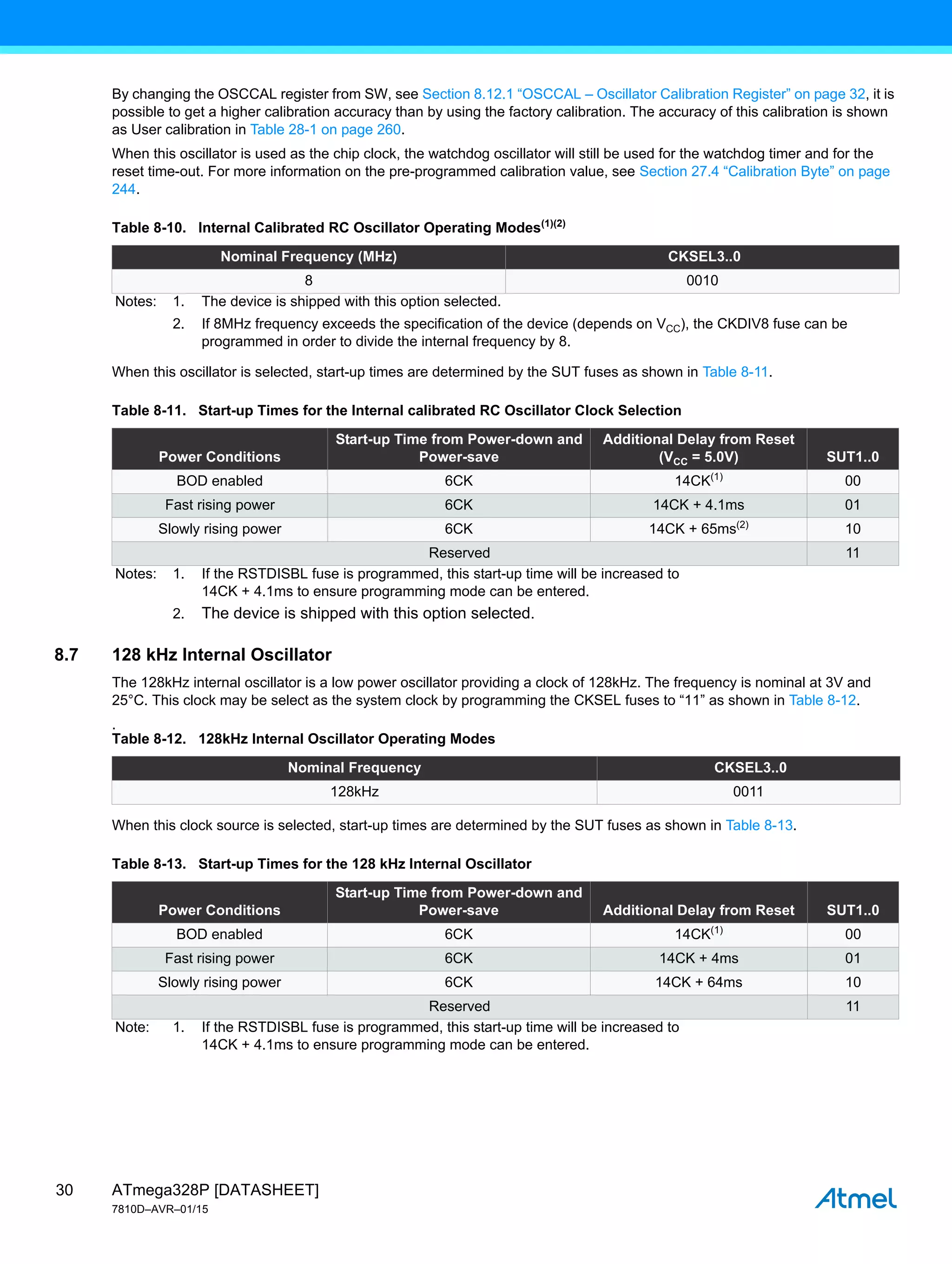 ATmega328P [DATASHEET]
7810D–AVR–01/15
30
By changing the OSCCAL register from SW, see Section 8.12.1 “OSCCAL – Oscillator Calibration Register” on page 32, it is
possible to get a higher calibration accuracy than by using the factory calibration. The accuracy of this calibration is shown
as User calibration in Table 28-1 on page 260.
When this oscillator is used as the chip clock, the watchdog oscillator will still be used for the watchdog timer and for the
reset time-out. For more information on the pre-programmed calibration value, see Section 27.4 “Calibration Byte” on page
244.
When this oscillator is selected, start-up times are determined by the SUT fuses as shown in Table 8-11.
8.7 128 kHz Internal Oscillator
The 128kHz internal oscillator is a low power oscillator providing a clock of 128kHz. The frequency is nominal at 3V and
25°C. This clock may be select as the system clock by programming the CKSEL fuses to “11” as shown in Table 8-12.
.
When this clock source is selected, start-up times are determined by the SUT fuses as shown in Table 8-13.
Table 8-10. Internal Calibrated RC Oscillator Operating Modes(1)(2)
Nominal Frequency (MHz) CKSEL3..0
8 0010
Notes: 1. The device is shipped with this option selected.
2. If 8MHz frequency exceeds the specification of the device (depends on VCC), the CKDIV8 fuse can be
programmed in order to divide the internal frequency by 8.
Table 8-11. Start-up Times for the Internal calibrated RC Oscillator Clock Selection
Power Conditions
Start-up Time from Power-down and
Power-save
Additional Delay from Reset
(VCC = 5.0V) SUT1..0
BOD enabled 6CK 14CK(1)
00
Fast rising power 6CK 14CK + 4.1ms 01
Slowly rising power 6CK 14CK + 65ms(2)
10
Reserved 11
Notes: 1. If the RSTDISBL fuse is programmed, this start-up time will be increased to
14CK + 4.1ms to ensure programming mode can be entered.
2. The device is shipped with this option selected.
Table 8-12. 128kHz Internal Oscillator Operating Modes
Nominal Frequency CKSEL3..0
128kHz 0011
Table 8-13. Start-up Times for the 128 kHz Internal Oscillator
Power Conditions
Start-up Time from Power-down and
Power-save Additional Delay from Reset SUT1..0
BOD enabled 6CK 14CK(1)
00
Fast rising power 6CK 14CK + 4ms 01
Slowly rising power 6CK 14CK + 64ms 10
Reserved 11
Note: 1. If the RSTDISBL fuse is programmed, this start-up time will be increased to
14CK + 4.1ms to ensure programming mode can be entered.
 