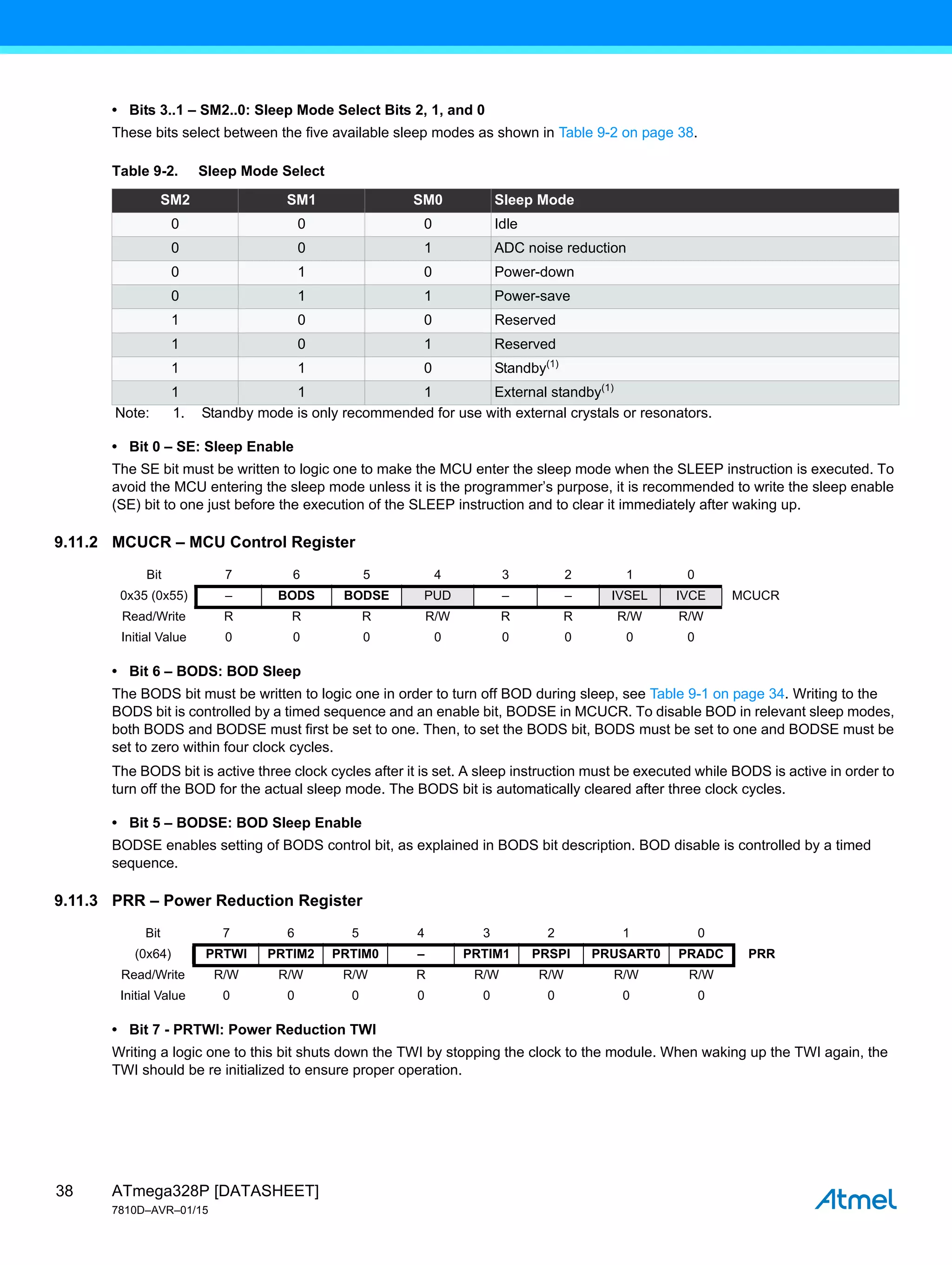 ATmega328P [DATASHEET]
7810D–AVR–01/15
38
• Bits 3..1 – SM2..0: Sleep Mode Select Bits 2, 1, and 0
These bits select between the five available sleep modes as shown in Table 9-2 on page 38.
• Bit 0 – SE: Sleep Enable
The SE bit must be written to logic one to make the MCU enter the sleep mode when the SLEEP instruction is executed. To
avoid the MCU entering the sleep mode unless it is the programmer’s purpose, it is recommended to write the sleep enable
(SE) bit to one just before the execution of the SLEEP instruction and to clear it immediately after waking up.
9.11.2 MCUCR – MCU Control Register
• Bit 6 – BODS: BOD Sleep
The BODS bit must be written to logic one in order to turn off BOD during sleep, see Table 9-1 on page 34. Writing to the
BODS bit is controlled by a timed sequence and an enable bit, BODSE in MCUCR. To disable BOD in relevant sleep modes,
both BODS and BODSE must first be set to one. Then, to set the BODS bit, BODS must be set to one and BODSE must be
set to zero within four clock cycles.
The BODS bit is active three clock cycles after it is set. A sleep instruction must be executed while BODS is active in order to
turn off the BOD for the actual sleep mode. The BODS bit is automatically cleared after three clock cycles.
• Bit 5 – BODSE: BOD Sleep Enable
BODSE enables setting of BODS control bit, as explained in BODS bit description. BOD disable is controlled by a timed
sequence.
9.11.3 PRR – Power Reduction Register
• Bit 7 - PRTWI: Power Reduction TWI
Writing a logic one to this bit shuts down the TWI by stopping the clock to the module. When waking up the TWI again, the
TWI should be re initialized to ensure proper operation.
Table 9-2. Sleep Mode Select
SM2 SM1 SM0 Sleep Mode
0 0 0 Idle
0 0 1 ADC noise reduction
0 1 0 Power-down
0 1 1 Power-save
1 0 0 Reserved
1 0 1 Reserved
1 1 0 Standby(1)
1 1 1 External standby(1)
Note: 1. Standby mode is only recommended for use with external crystals or resonators.
Bit 7 6 5 4 3 2 1 0
0x35 (0x55) – BODS BODSE PUD – – IVSEL IVCE MCUCR
Read/Write R R R R/W R R R/W R/W
Initial Value 0 0 0 0 0 0 0 0
Bit 7 6 5 4 3 2 1 0
(0x64) PRTWI PRTIM2 PRTIM0 – PRTIM1 PRSPI PRUSART0 PRADC PRR
Read/Write R/W R/W R/W R R/W R/W R/W R/W
Initial Value 0 0 0 0 0 0 0 0
 