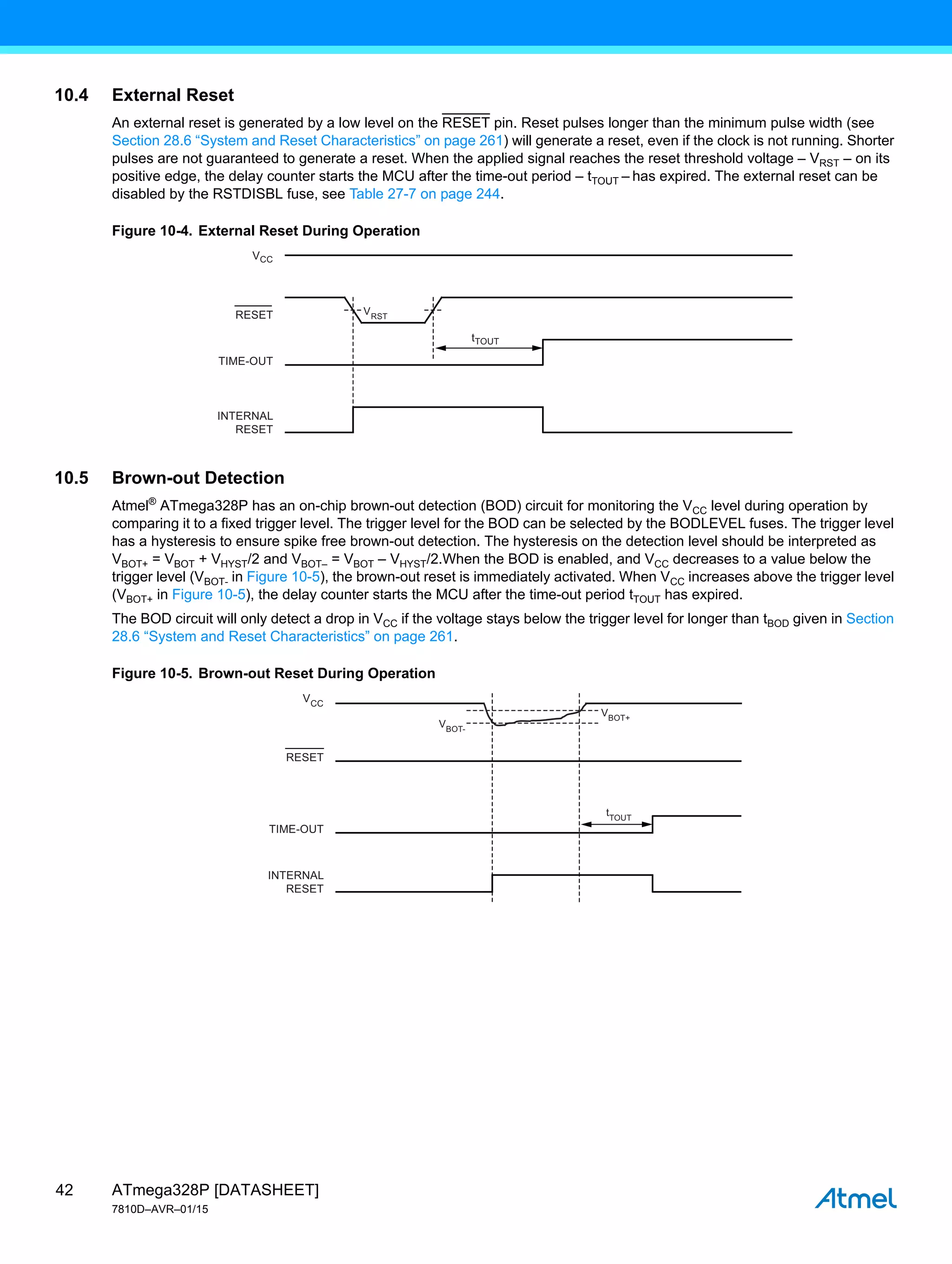 ATmega328P [DATASHEET]
7810D–AVR–01/15
42
10.4 External Reset
An external reset is generated by a low level on the RESET pin. Reset pulses longer than the minimum pulse width (see
Section 28.6 “System and Reset Characteristics” on page 261) will generate a reset, even if the clock is not running. Shorter
pulses are not guaranteed to generate a reset. When the applied signal reaches the reset threshold voltage – VRST – on its
positive edge, the delay counter starts the MCU after the time-out period – tTOUT – has expired. The external reset can be
disabled by the RSTDISBL fuse, see Table 27-7 on page 244.
Figure 10-4. External Reset During Operation
10.5 Brown-out Detection
Atmel®
ATmega328P has an on-chip brown-out detection (BOD) circuit for monitoring the VCC level during operation by
comparing it to a fixed trigger level. The trigger level for the BOD can be selected by the BODLEVEL fuses. The trigger level
has a hysteresis to ensure spike free brown-out detection. The hysteresis on the detection level should be interpreted as
VBOT+ = VBOT + VHYST/2 and VBOT– = VBOT – VHYST/2.When the BOD is enabled, and VCC decreases to a value below the
trigger level (VBOT- in Figure 10-5), the brown-out reset is immediately activated. When VCC increases above the trigger level
(VBOT+ in Figure 10-5), the delay counter starts the MCU after the time-out period tTOUT has expired.
The BOD circuit will only detect a drop in VCC if the voltage stays below the trigger level for longer than tBOD given in Section
28.6 “System and Reset Characteristics” on page 261.
Figure 10-5. Brown-out Reset During Operation
tTOUT
RESET
VCC
INTERNAL
RESET
TIME-OUT
VRST
VBOT-
VBOT+
tTOUT
VCC
RESET
INTERNAL
RESET
TIME-OUT
 