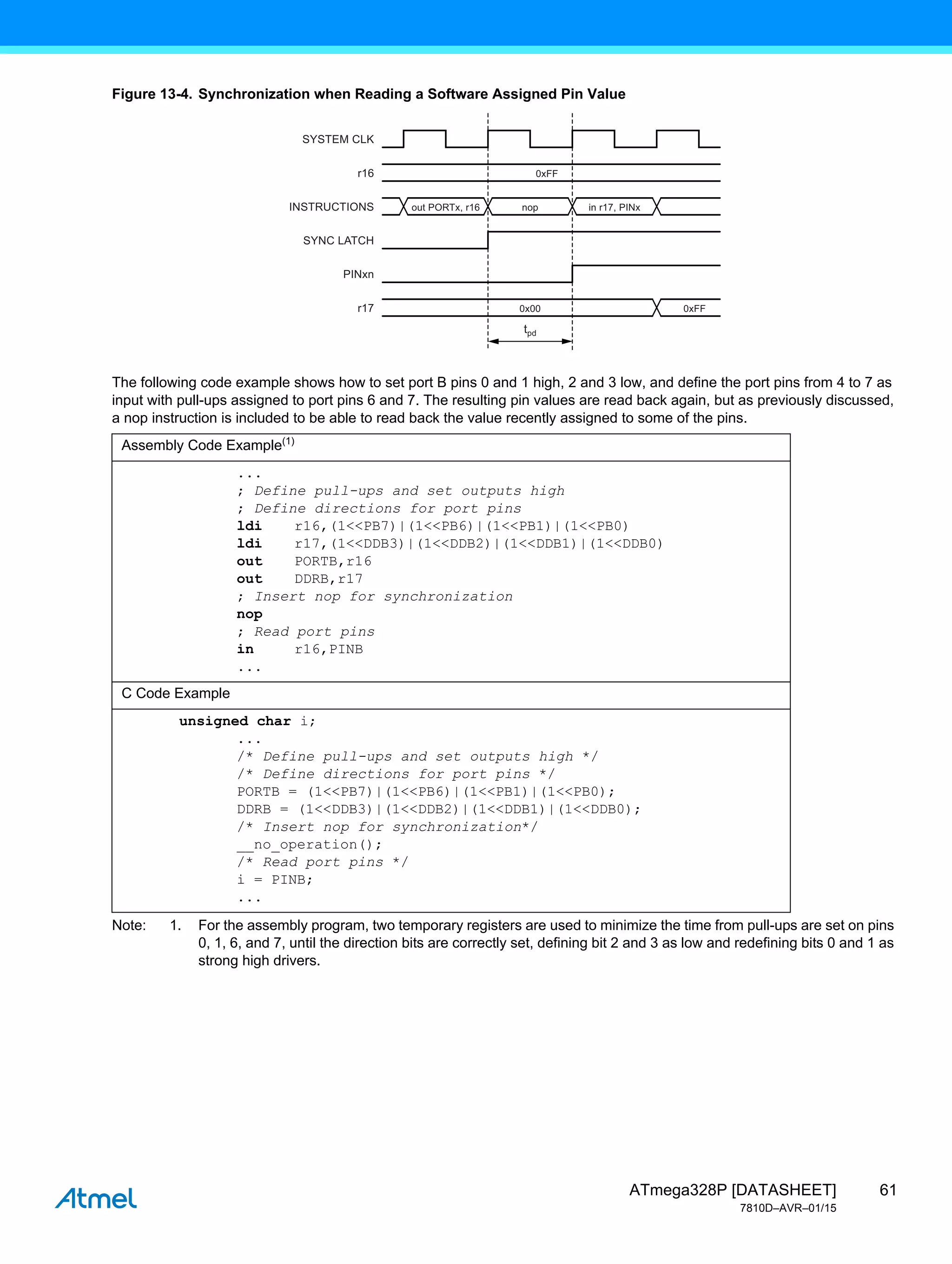 61
ATmega328P [DATASHEET]
7810D–AVR–01/15
Figure 13-4. Synchronization when Reading a Software Assigned Pin Value
The following code example shows how to set port B pins 0 and 1 high, 2 and 3 low, and define the port pins from 4 to 7 as
input with pull-ups assigned to port pins 6 and 7. The resulting pin values are read back again, but as previously discussed,
a nop instruction is included to be able to read back the value recently assigned to some of the pins.
Note: 1. For the assembly program, two temporary registers are used to minimize the time from pull-ups are set on pins
0, 1, 6, and 7, until the direction bits are correctly set, defining bit 2 and 3 as low and redefining bits 0 and 1 as
strong high drivers.
Assembly Code Example(1)
...
; Define pull-ups and set outputs high
; Define directions for port pins
ldi r16,(1<<PB7)|(1<<PB6)|(1<<PB1)|(1<<PB0)
ldi r17,(1<<DDB3)|(1<<DDB2)|(1<<DDB1)|(1<<DDB0)
out PORTB,r16
out DDRB,r17
; Insert nop for synchronization
nop
; Read port pins
in r16,PINB
...
C Code Example
unsigned char i;
...
/* Define pull-ups and set outputs high */
/* Define directions for port pins */
PORTB = (1<<PB7)|(1<<PB6)|(1<<PB1)|(1<<PB0);
DDRB = (1<<DDB3)|(1<<DDB2)|(1<<DDB1)|(1<<DDB0);
/* Insert nop for synchronization*/
__no_operation();
/* Read port pins */
i = PINB;
...
SYSTEM CLK
INSTRUCTIONS
SYNC LATCH
PINxn
r16
r17
out PORTx, r16 nop
0x00 0xFF
0xFF
in r17, PINx
tpd
 