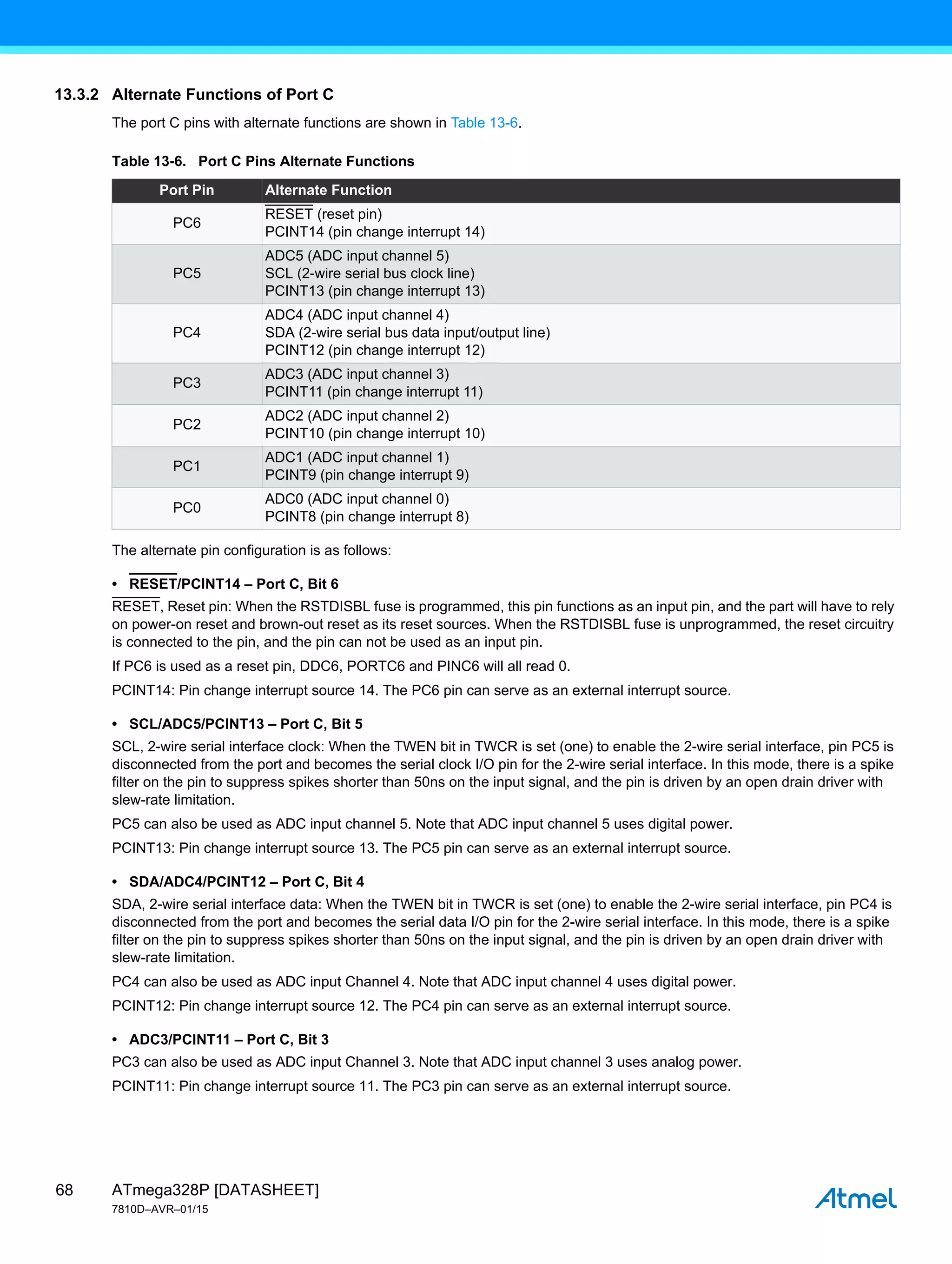 ATmega328P [DATASHEET]
7810D–AVR–01/15
68
13.3.2 Alternate Functions of Port C
The port C pins with alternate functions are shown in Table 13-6.
The alternate pin configuration is as follows:
• RESET/PCINT14 – Port C, Bit 6
RESET, Reset pin: When the RSTDISBL fuse is programmed, this pin functions as an input pin, and the part will have to rely
on power-on reset and brown-out reset as its reset sources. When the RSTDISBL fuse is unprogrammed, the reset circuitry
is connected to the pin, and the pin can not be used as an input pin.
If PC6 is used as a reset pin, DDC6, PORTC6 and PINC6 will all read 0.
PCINT14: Pin change interrupt source 14. The PC6 pin can serve as an external interrupt source.
• SCL/ADC5/PCINT13 – Port C, Bit 5
SCL, 2-wire serial interface clock: When the TWEN bit in TWCR is set (one) to enable the 2-wire serial interface, pin PC5 is
disconnected from the port and becomes the serial clock I/O pin for the 2-wire serial interface. In this mode, there is a spike
filter on the pin to suppress spikes shorter than 50ns on the input signal, and the pin is driven by an open drain driver with
slew-rate limitation.
PC5 can also be used as ADC input channel 5. Note that ADC input channel 5 uses digital power.
PCINT13: Pin change interrupt source 13. The PC5 pin can serve as an external interrupt source.
• SDA/ADC4/PCINT12 – Port C, Bit 4
SDA, 2-wire serial interface data: When the TWEN bit in TWCR is set (one) to enable the 2-wire serial interface, pin PC4 is
disconnected from the port and becomes the serial data I/O pin for the 2-wire serial interface. In this mode, there is a spike
filter on the pin to suppress spikes shorter than 50ns on the input signal, and the pin is driven by an open drain driver with
slew-rate limitation.
PC4 can also be used as ADC input Channel 4. Note that ADC input channel 4 uses digital power.
PCINT12: Pin change interrupt source 12. The PC4 pin can serve as an external interrupt source.
• ADC3/PCINT11 – Port C, Bit 3
PC3 can also be used as ADC input Channel 3. Note that ADC input channel 3 uses analog power.
PCINT11: Pin change interrupt source 11. The PC3 pin can serve as an external interrupt source.
Table 13-6. Port C Pins Alternate Functions
Port Pin Alternate Function
PC6
RESET (reset pin)
PCINT14 (pin change interrupt 14)
PC5
ADC5 (ADC input channel 5)
SCL (2-wire serial bus clock line)
PCINT13 (pin change interrupt 13)
PC4
ADC4 (ADC input channel 4)
SDA (2-wire serial bus data input/output line)
PCINT12 (pin change interrupt 12)
PC3
ADC3 (ADC input channel 3)
PCINT11 (pin change interrupt 11)
PC2
ADC2 (ADC input channel 2)
PCINT10 (pin change interrupt 10)
PC1
ADC1 (ADC input channel 1)
PCINT9 (pin change interrupt 9)
PC0
ADC0 (ADC input channel 0)
PCINT8 (pin change interrupt 8)
 