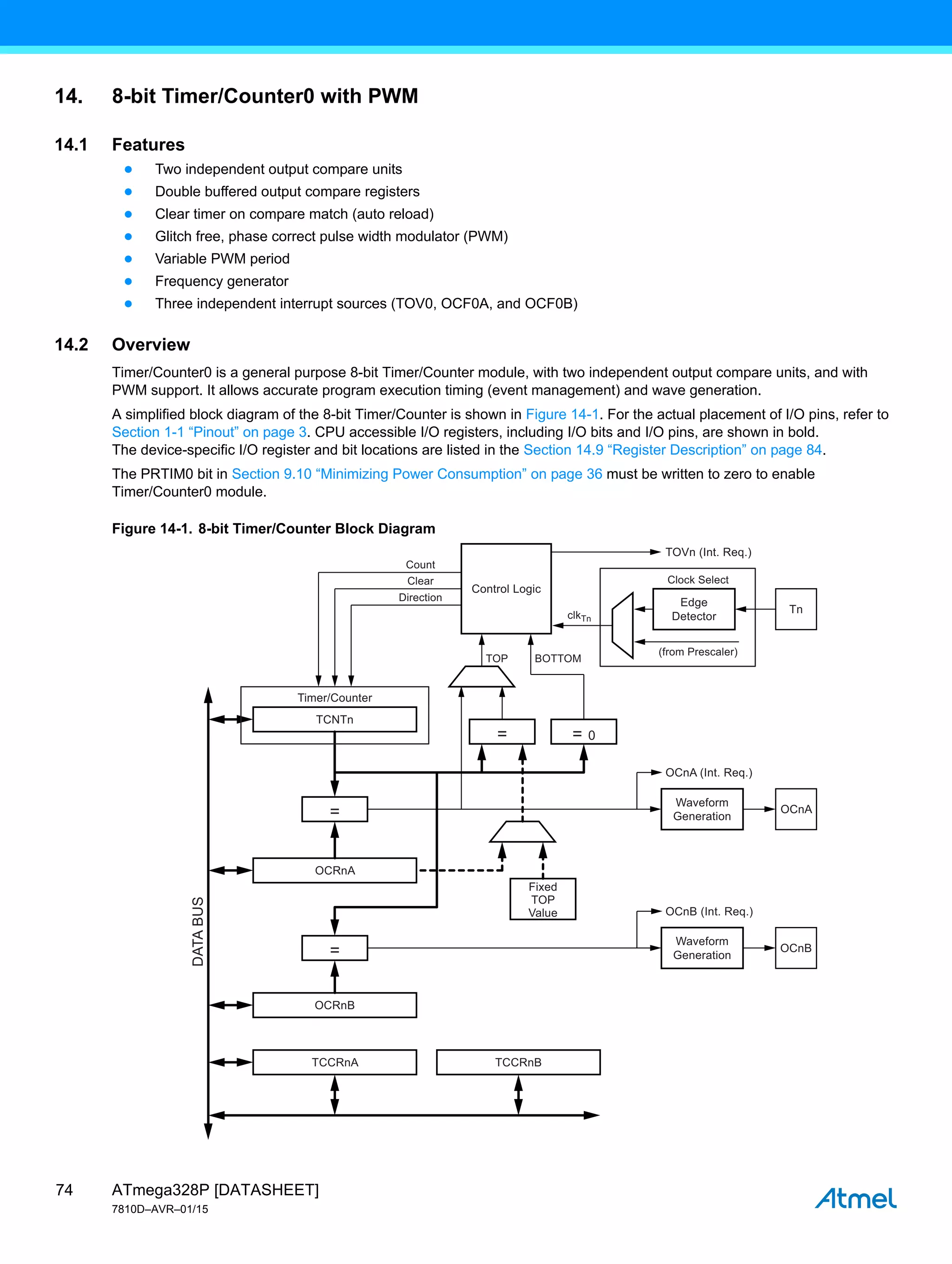 ATmega328P [DATASHEET]
7810D–AVR–01/15
74
14. 8-bit Timer/Counter0 with PWM
14.1 Features
● Two independent output compare units
● Double buffered output compare registers
● Clear timer on compare match (auto reload)
● Glitch free, phase correct pulse width modulator (PWM)
● Variable PWM period
● Frequency generator
● Three independent interrupt sources (TOV0, OCF0A, and OCF0B)
14.2 Overview
Timer/Counter0 is a general purpose 8-bit Timer/Counter module, with two independent output compare units, and with
PWM support. It allows accurate program execution timing (event management) and wave generation.
A simplified block diagram of the 8-bit Timer/Counter is shown in Figure 14-1. For the actual placement of I/O pins, refer to
Section 1-1 “Pinout” on page 3. CPU accessible I/O registers, including I/O bits and I/O pins, are shown in bold.
The device-specific I/O register and bit locations are listed in the Section 14.9 “Register Description” on page 84.
The PRTIM0 bit in Section 9.10 “Minimizing Power Consumption” on page 36 must be written to zero to enable
Timer/Counter0 module.
Figure 14-1. 8-bit Timer/Counter Block Diagram
Control Logic
TCNTn
Timer/Counter
Count
Clear
Direction
clkTn
OCRnA
OCRnB
TCCRnA TCCRnB
=
Edge
Detector
(from Prescaler)
Clock Select
TOP BOTTOM
TOVn (Int. Req.)
OCnA (Int. Req.)
Tn
Waveform
Generation
Fixed
TOP
Value
DATA
BUS
=
= = 0
OCnA
OCnB (Int. Req.)
Waveform
Generation
OCnB
 
