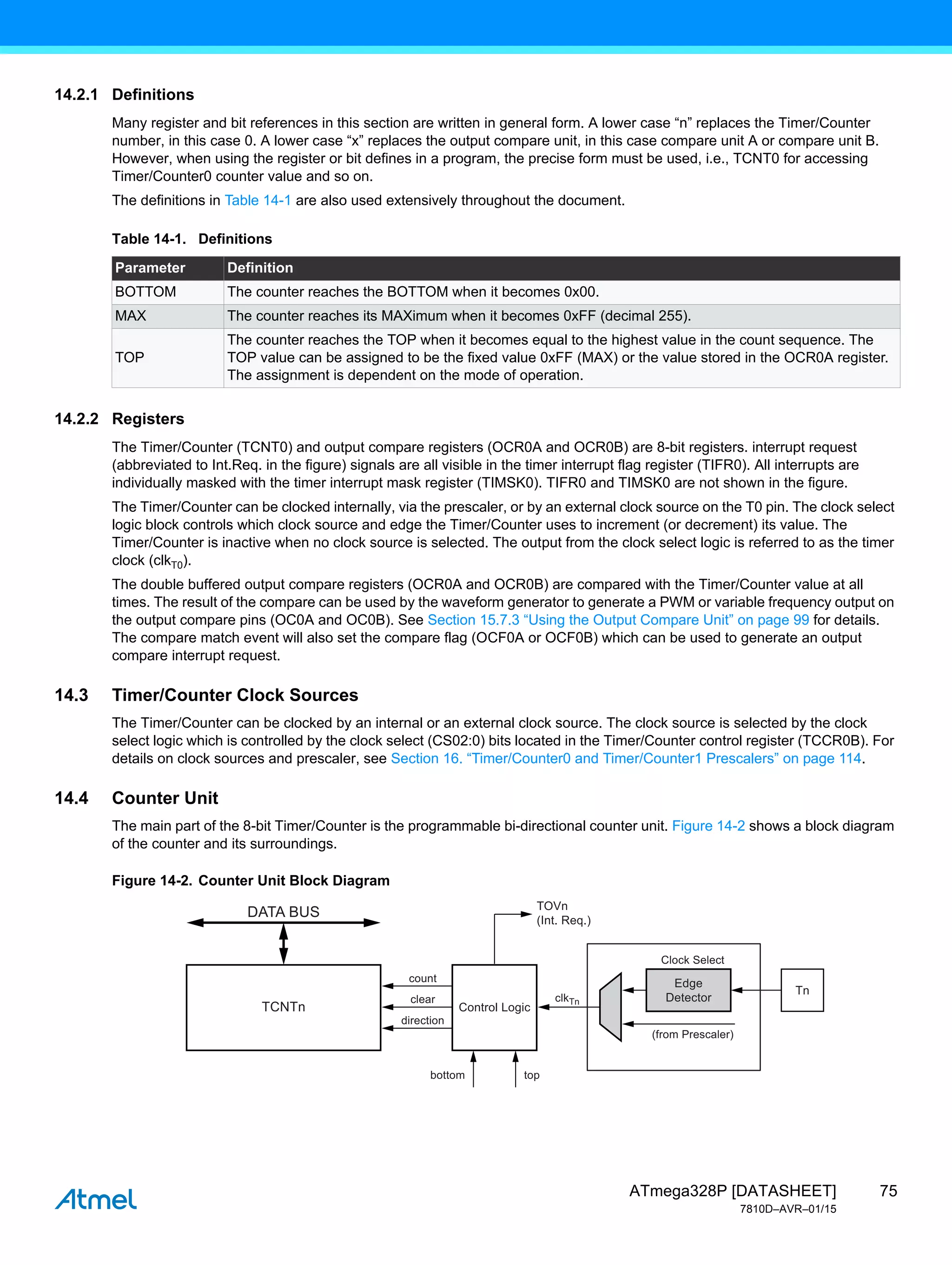 75
ATmega328P [DATASHEET]
7810D–AVR–01/15
14.2.1 Definitions
Many register and bit references in this section are written in general form. A lower case “n” replaces the Timer/Counter
number, in this case 0. A lower case “x” replaces the output compare unit, in this case compare unit A or compare unit B.
However, when using the register or bit defines in a program, the precise form must be used, i.e., TCNT0 for accessing
Timer/Counter0 counter value and so on.
The definitions in Table 14-1 are also used extensively throughout the document.
14.2.2 Registers
The Timer/Counter (TCNT0) and output compare registers (OCR0A and OCR0B) are 8-bit registers. interrupt request
(abbreviated to Int.Req. in the figure) signals are all visible in the timer interrupt flag register (TIFR0). All interrupts are
individually masked with the timer interrupt mask register (TIMSK0). TIFR0 and TIMSK0 are not shown in the figure.
The Timer/Counter can be clocked internally, via the prescaler, or by an external clock source on the T0 pin. The clock select
logic block controls which clock source and edge the Timer/Counter uses to increment (or decrement) its value. The
Timer/Counter is inactive when no clock source is selected. The output from the clock select logic is referred to as the timer
clock (clkT0).
The double buffered output compare registers (OCR0A and OCR0B) are compared with the Timer/Counter value at all
times. The result of the compare can be used by the waveform generator to generate a PWM or variable frequency output on
the output compare pins (OC0A and OC0B). See Section 15.7.3 “Using the Output Compare Unit” on page 99 for details.
The compare match event will also set the compare flag (OCF0A or OCF0B) which can be used to generate an output
compare interrupt request.
14.3 Timer/Counter Clock Sources
The Timer/Counter can be clocked by an internal or an external clock source. The clock source is selected by the clock
select logic which is controlled by the clock select (CS02:0) bits located in the Timer/Counter control register (TCCR0B). For
details on clock sources and prescaler, see Section 16. “Timer/Counter0 and Timer/Counter1 Prescalers” on page 114.
14.4 Counter Unit
The main part of the 8-bit Timer/Counter is the programmable bi-directional counter unit. Figure 14-2 shows a block diagram
of the counter and its surroundings.
Figure 14-2. Counter Unit Block Diagram
Table 14-1. Definitions
Parameter Definition
BOTTOM The counter reaches the BOTTOM when it becomes 0x00.
MAX The counter reaches its MAXimum when it becomes 0xFF (decimal 255).
TOP
The counter reaches the TOP when it becomes equal to the highest value in the count sequence. The
TOP value can be assigned to be the fixed value 0xFF (MAX) or the value stored in the OCR0A register.
The assignment is dependent on the mode of operation.
top
bottom
TOVn
(Int. Req.)
DATA BUS
Control Logic
TCNTn
clkTn
clear
count
direction
Edge
Detector
(from Prescaler)
Clock Select
Tn
 