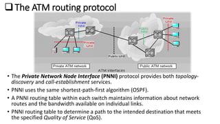 The ATM routing protocol
• The Private Network Node Interface (PNNI) protocol provides both topology-
discovery and call-establishment services.
• PNNI uses the same shortest-path-first algorithm (OSPF).
• A PNNI routing table within each switch maintains information about network
routes and the bandwidth available on individual links.
• PNNI routing table to determine a path to the intended destination that meets
the specified Quality of Service (QoS).
 