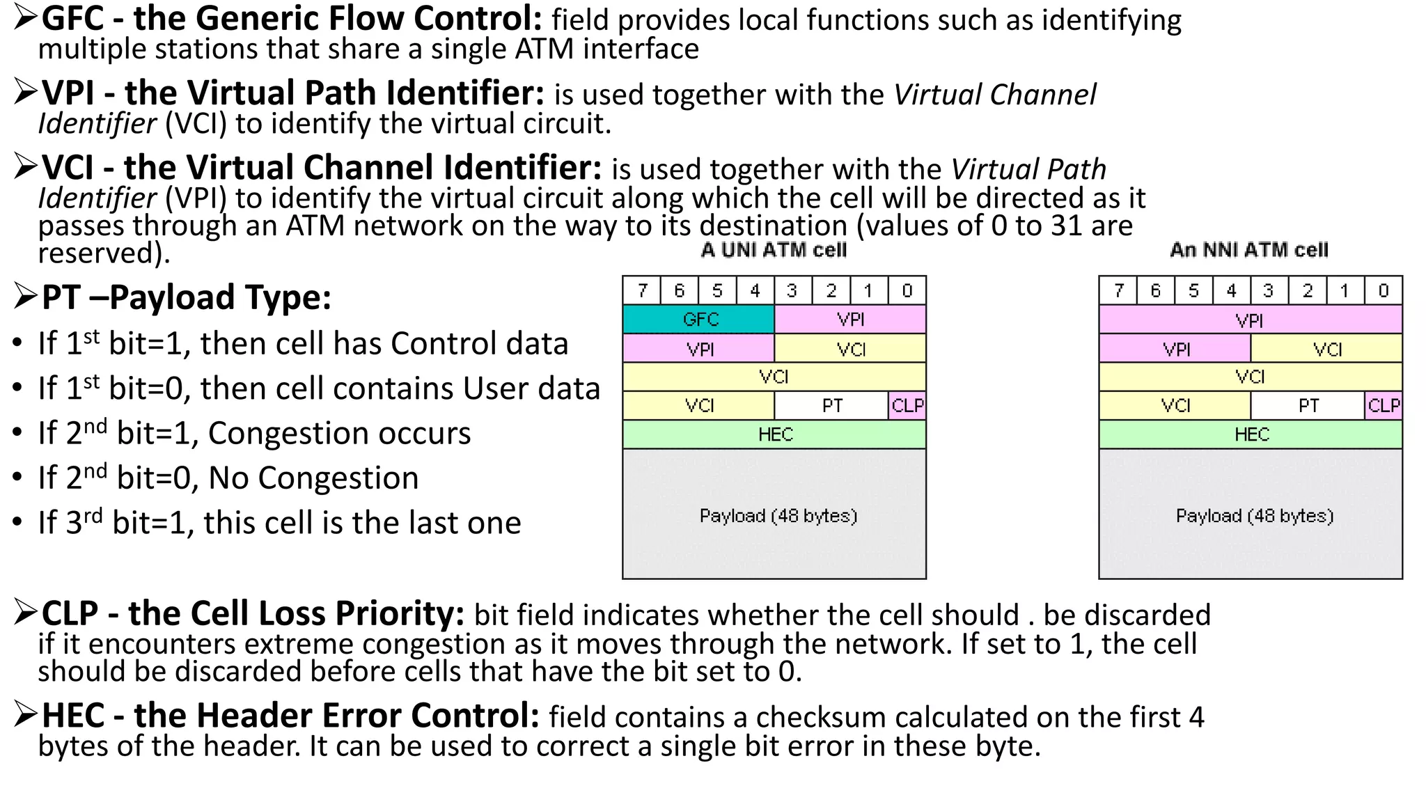 GFC - the Generic Flow Control: field provides local functions such as identifying
multiple stations that share a single ATM interface
VPI - the Virtual Path Identifier: is used together with the Virtual Channel
Identifier (VCI) to identify the virtual circuit.
VCI - the Virtual Channel Identifier: is used together with the Virtual Path
Identifier (VPI) to identify the virtual circuit along which the cell will be directed as it
passes through an ATM network on the way to its destination (values of 0 to 31 are
reserved).
PT –Payload Type:
• If 1st bit=1, then cell has Control data
• If 1st bit=0, then cell contains User data
• If 2nd bit=1, Congestion occurs
• If 2nd bit=0, No Congestion
• If 3rd bit=1, this cell is the last one
CLP - the Cell Loss Priority: bit field indicates whether the cell should . be discarded
if it encounters extreme congestion as it moves through the network. If set to 1, the cell
should be discarded before cells that have the bit set to 0.
HEC - the Header Error Control: field contains a checksum calculated on the first 4
bytes of the header. It can be used to correct a single bit error in these byte.
 