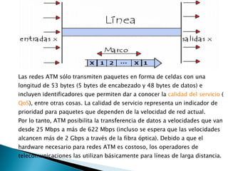 Las redes ATM sólo transmiten paquetes en forma de celdas con una longitud de 53 bytes (5 bytes de encabezado y 48 bytes de datos) e incluyen identificadores que permiten dar a conocer la  calidad del servicio  ( QoS ), entre otras cosas. La calidad de servicio representa un indicador de prioridad para paquetes que dependen de la velocidad de red actual.  Por lo tanto, ATM posibilita la transferencia de datos a velocidades que van desde 25 Mbps a más de 622 Mbps (incluso se espera que las velocidades alcancen más de 2 Gbps a través de la fibra óptica). Debido a que el hardware necesario para redes ATM es costoso, los operadores de telecomunicaciones las utilizan básicamente para líneas de larga distancia.  