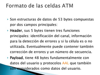 Son estructuras de datos de 53 bytes compuestas por dos campos principales: Header , sus 5 bytes tienen tres funciones principales: identificación del canal, información para la detección de errores y si la célula es o no utilizada. Eventualmente puede contener también corrección de errores y un número de secuencia.  Payload , tiene 48 bytes fundamentalmente con datos del usuario y protocolos  AAL  que también son considerados como datos del usuario.  