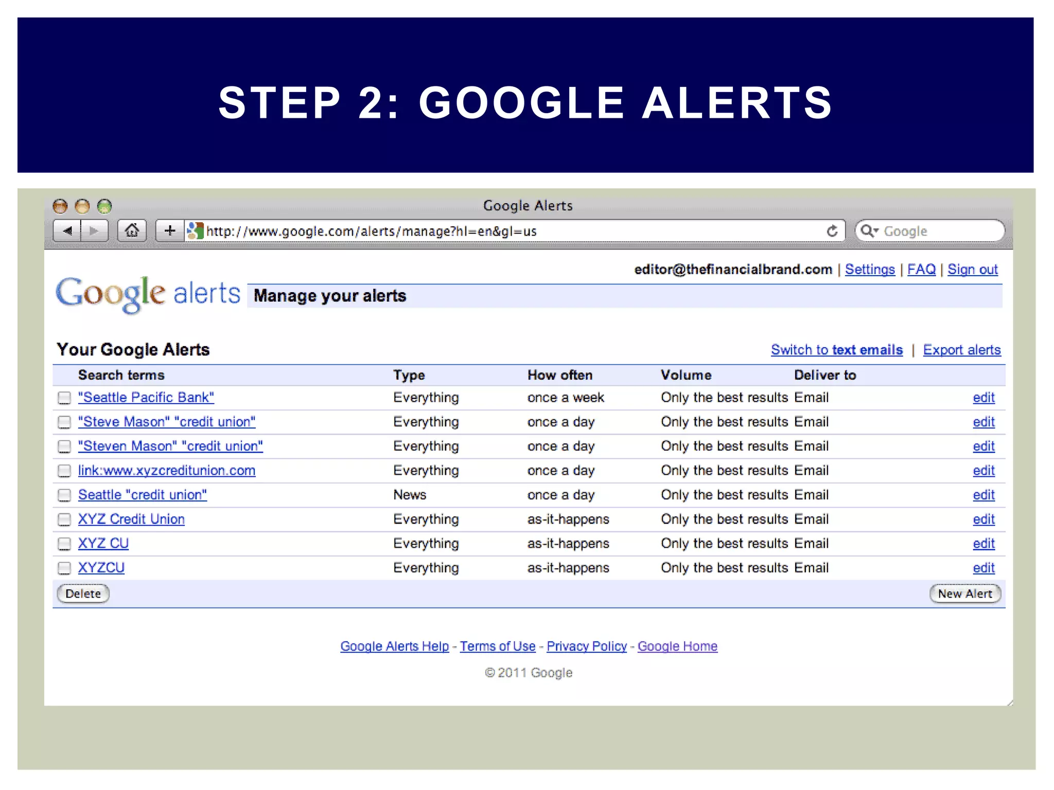 STEP 2: GOOGLE ALERTS
 