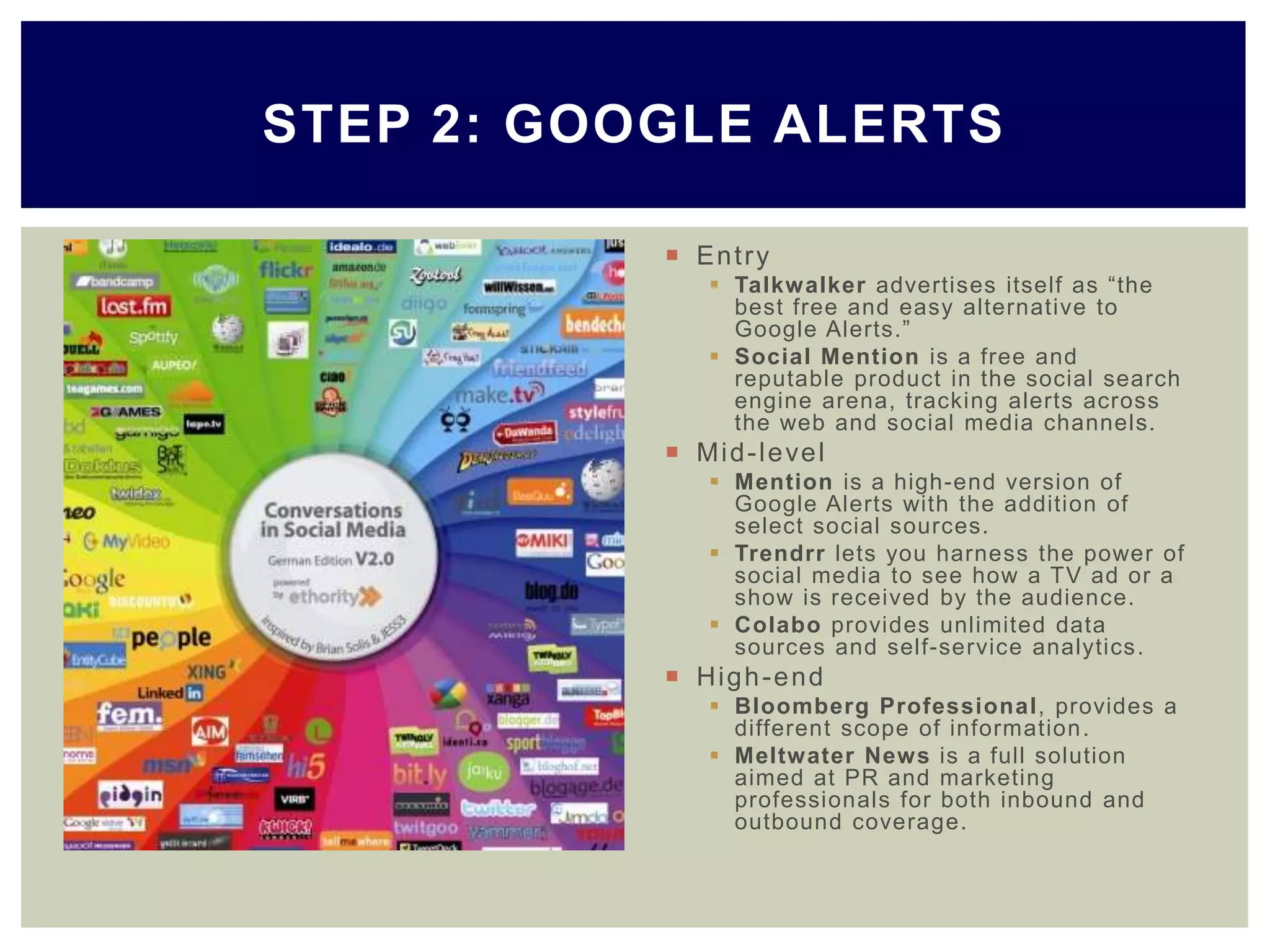  Entry
 Talkwalker advertises itself as ―the
best free and easy alternative to
Google Alerts.‖
 Social Mention is a free and
reputable product in the social search
engine arena, tracking alerts across
the web and social media channels.
 Mid-level
 Mention is a high-end version of
Google Alerts with the addition of
select social sources.
 Trendrr lets you harness the power of
social media to see how a TV ad or a
show is received by the audience.
 Colabo provides unlimited data
sources and self-service analytics.
 High-end
 Bloomberg Professional, provides a
different scope of information.
 Meltwater News is a full solution
aimed at PR and marketing
professionals for both inbound and
outbound coverage.
STEP 2: GOOGLE ALERTS
 