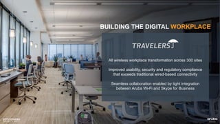 All wireless workplace transformation across 300 sites
Improved usability, security and regulatory compliance
that exceeds traditional wired-based connectivity
Seamless collaboration enabled by tight integration
between Aruba Wi-Fi and Skype for Business
BUILDING THE DIGITAL WORKPLACE
 