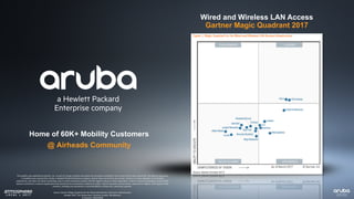 Wired and Wireless LAN Access
Gartner Magic Quadrant 2017
This	graphic	was	published	by	Gartner,	Inc.	as	part	of	a	larger	research	document	and	should	be	evaluated	in	the	context	of	the	entire	document.	The	Gartner	document	
is	available	upon	request	from	Aruba,	a	Hewlett	Packard	Enterprise	company.	Gartner	does	not	endorse	any	vendor,	product	or	service	depicted in	its	research	
publications,	and	does	not	advise	technology	users	to	select	only	those	vendors	with	the	highest	ratings	or	other	designation.	Gartner	research	publications	consist	of	the	
opinions	of	Gartner’s	research	organization	and	should	not	be	construed	as	statements	of	fact.	Gartner	disclaims	all	warranties, expressed	or	implied,	with	respect	to	this	
research,	including	any	warranties	or	merchantability	or	fitness	for	a	particular	purpose.
Source:	Gartner	Magic	Quadrant	for	the	Wired	and	Wireless	LAN	Access	Infrastructure
October	2017.	Tim	Zimmerman,	Christian	Canales,	Bill	Menezes
ID	Number:	G00316060
Home of 60K+ Mobility Customers
@ Airheads Community
 