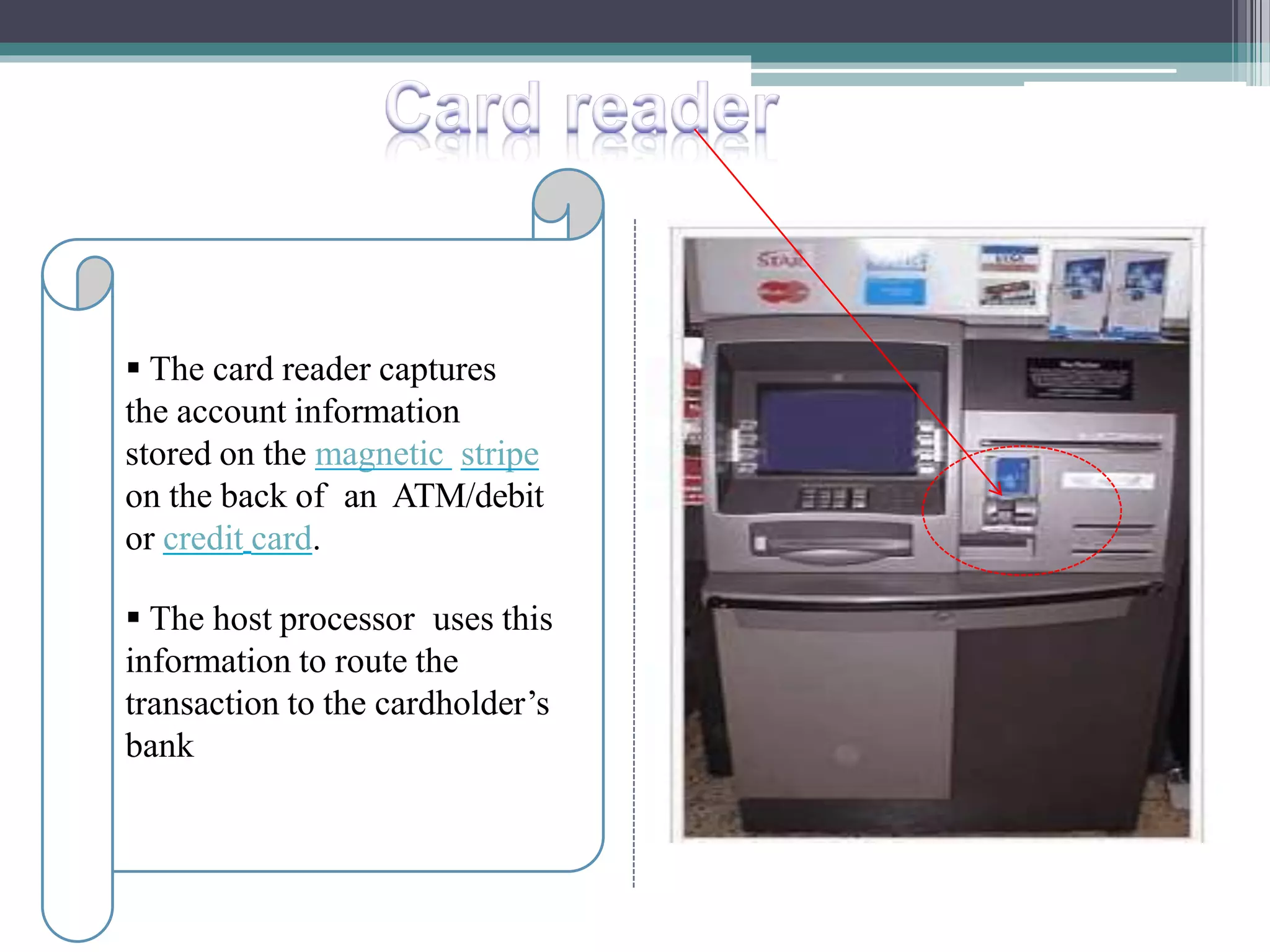  The card reader captures
the account information
stored on the magnetic stripe
on the back of an ATM/debit
or credit card.
 The host processor uses this
information to route the
transaction to the cardholder’s
bank
 