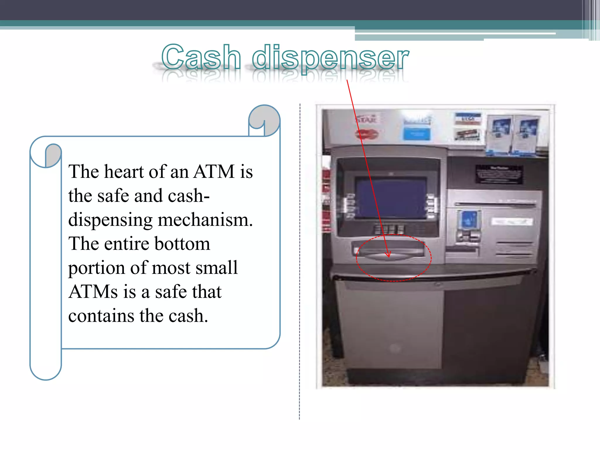 The heart of an ATM is
the safe and cash-
dispensing mechanism.
The entire bottom
portion of most small
ATMs is a safe that
contains the cash.
 