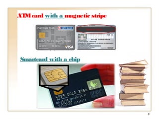8
ATMcard with a magnetic stripe
Smartcard with a chip
 