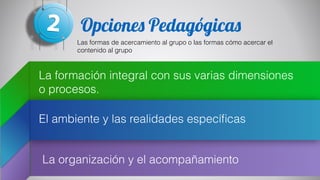 Opciones Pedagógicas
!
Las formas de acercamiento al grupo o las formas cómo acercar el
contenido al grupo
La formación integral con sus varias dimensiones
o procesos.
El ambiente y las realidades especíﬁcas
La organización y el acompañamiento
 
