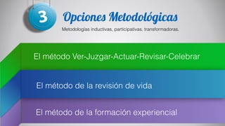 Opciones Metodológicas
!
Metodologías inductivas, participativas, transformadoras.
El método Ver-Juzgar-Actuar-Revisar-Celebrar
El método de la revisión de vida
El método de la formación experiencial
 