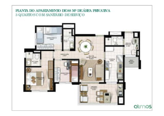PLANT DO APAR AME O DE 88 M² DE ÁR A PR
     A       T   NT               E    IVATIVA
3 QUART COM SANIT
       OS        ÁRIO DE SERVIÇO
 