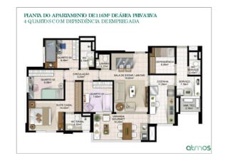 PLANT DO APAR AME O DE 116M² DE ÁR A PR
     A       T   NT               E    IVATIVA
4 QUART COM DEPENDÊNCIA DE EMPREGADA
       OS
 