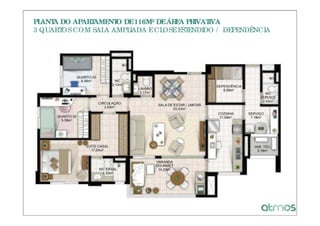 PLANT DO APAR AME O DE 116M² DE ÁR A PR
     A       T   NT               E    IVATIVA
3 QUART COM SAL AMPL
       OS       A    IADA E CLOSE ESTENDIDO / DEPENDÊNCIA
 