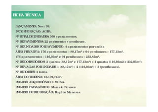 FICHA T CNICA
       É

 LANÇAME O: Nov./ 09.
        NT
 INCORPORAÇÃO:
         AÇÃO AGRA.
                 A
 Nº T ALDE UNIDADE 360 apartamentos.
     OT           S:
 Nº DE PAVIME OS: 22 pavimentos + penthouse.
             NT
 Nº DE UNIDADE POR PAVIME O: 4 apartamentos por andar.
              S          NT
 ÁR A PR
   E    IVATIVA: 176 apartamentos – 88,17m² e 04 penthouses – 177,13m².
 176 apartamentos – 116 93 ² e 04 penthouses – 232 85 ²
         t    t     116,93m²         th        232,85m².
 Nº DE DOR ÓR
          MIT IOS: 3 quartos (88,17m² e 177,13m²) e 4 quartos (116,93m2 e 232,85m²).
 Nº DE VAGAS POR UNIDADE 1 (88,17m²) / 2 (116,93m²) / 3 (penthouses).
                        :
 Nº DE T R S: 4 torres.
        OR E
 ÁR A DO T R E
   E      E R NO: 16.102,74m².
 PROJE O AR
      T    QUIT T
               E ÔNICO: MCAA.
                 ÔNICO MCAA
 PROJE O PAISAGÍST
      T           ICO: Marcelo Novaes.
 PROJE O DE DE
      T       CORAÇÃO: Rogério Menezes.
 