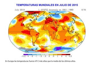 TEMPERATURAS MUNDIALES EN JULIO DE 2015
En Europa las temperaturas fueron 4º C más altas que la media de los últimos años.
 