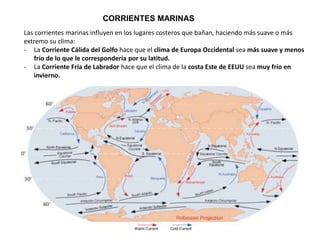 CORRIENTES MARINAS
Las corrientes marinas influyen en los lugares costeros que bañan, haciendo más suave o más
extremo su clima:
- La Corriente Cálida del Golfo hace que el clima de Europa Occidental sea más suave y menos
frío de lo que le correspondería por su latitud.
- La Corriente Fría de Labrador hace que el clima de la costa Este de EEUU sea muy frío en
invierno.
 