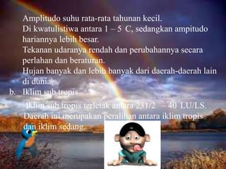 Amplitudo suhu rata-rata tahunan kecil.
   Di kwatulistiwa antara 1 – 5 C, sedangkan ampitudo
   hariannya lebih besar.
   Tekanan udaranya rendah dan perubahannya secara
   perlahan dan beraturan.
   Hujan banyak dan lebih banyak dari daerah-daerah lain
   di dunia.
b. Iklim sub tropis
   Iklim sub tropis terletak antara 231/2 – 40 LU/LS.
   Daerah ini merupakan peralihan antara iklim tropis
   dan iklim sedang.
 