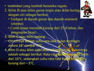 • tumbuhan yang tumbuh beraneka ragam.
2. Iklim B atau iklim gurun tropis atau iklim kering,
   dengan ciri sebagai berikut:
   • Terdapat di daerah gurun dan daerah semiarid
     (steppa);
   • Curah hujan terendah kurang dari 25,4/tahun, dan
     penguapan besar;
3. Iklim C atau iklim sedang.
   Ciri-cirinya adalah suhu rata-rata bulan terdingin
   antara 18° sampai -3°C.
4. Iklim D atau iklim salju atau microthermal. Ciri-cirinya
   adalah sebagai berikut: Rata-rata bulan terpanas lebih
   dari 10°C, sedangkan suhu rata-rata bulan terdingin
   kurang dari – 3°C.
 