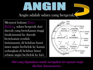 Angin adalah udara yang bergerak.
Menurut hukum Buys
Ballot, udara bergerak dari
daerah yang bertekanan tinggi
(maksimum) ke daerah
bertekanan rendah
(minimum), di belahan bumi
utara angin berbelok ke kanan
sedangkan di belahan bumi
selatan angin berbelok ke kiri.
Alat yang digunakan untuk mengukur kecepatan angin
disebut Anemometer.
 