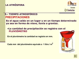 Oviedo LA ATMÓSFERA inicio 5.- TIEMPO ATMOSFÉRICO PRECIPITACIONES Es el agua caída en un lugar y en un tiempo determinado ya sea en forma de nieve, lluvia o granizo. La cantidad de precipitación se registra con el    PLUVIÓMETRO En el pluviómetro la cantidad se registra en mm. Cada mm  del pluviómetro equivale a  1 litro / m 2 