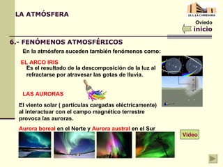 Oviedo LA ATMÓSFERA inicio 6.- FENÓMENOS ATMOSFÉRICOS EL ARCO IRIS En la atmósfera suceden también fenómenos como: LAS AURORAS Es el resultado de la descomposición de la luz al refractarse por atravesar las gotas de lluvia. El viento solar ( partículas cargadas eléctricamente) al interactuar con el campo magnético terrestre provoca las auroras.  Aurora boreal  en el Norte y  Aurora austral  en el Sur Video 