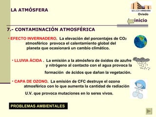 Oviedo LA ATMÓSFERA inicio 7.- CONTAMINACIÓN ATMOSFÉRICA PROBLEMAS AMBIENTALES EFECTO INVERNADERO .  La elevación del porcentajes de CO 2   atmosférico  provoca el calentamiento global del  planeta que ocasionará un cambio climático.  LLUVIA ÁCIDA  .  La emisión a la atmósfera de óxidos de azufre  y nitrógeno al contacto con el agua provoca la  formación  de ácidos que dañan la vegetación.  CAPA DE OZONO .  La emisión de CFC destruye el ozono  atmosférico con lo que aumenta la cantidad de radiación  U.V. que provoca mutaciones en lo seres vivos.  