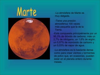 Marte -La atmósfera de Marte es muy delgada. -Tiene una presión atmosférica 100 veces más pequeña que la de la Tierra. -Está compuesta principalmente por un 95,3% de dióxido de carbono, más un 2,7% de nitrógeno, un 1,6% de argón, un 0,07% de monóxido de carbono y un 0,03% de vapor de agua. -La atmósfera es lo bastante densa como para crear vientos y tormentas de polvo que, en ocasiones, pueden estar en el planeta entero durante meses.  