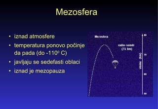 Mezosfera  iznad atmosfere  temperatura ponovo počinje da pada (do -110 0  C)  javljaju se sedefasti oblaci  iznad je mezopauza  