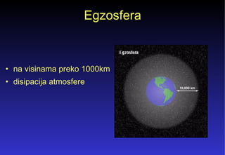 Egzosfera   na visinama preko 1000km  disipacija atmosfere  