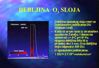 DEBLJINA  O 3  SLOJA Debljina ozonskog sloja meri se Dobsonovim jedinicama DU (Dobson Unit) Kada bi se sav ozon iz stratosfere spustio na Zemlju, i doveo na uslove od  t = 0 o C p=10 5  Pa , njegova debljina bila bi u proseku oko  3 mm . Ova debljina sloja odgovara  300 DU .  U apsolutnim jedinicama:  1 DU = 2.7 . 10 16  molekula/cm 2 