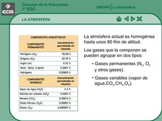 Ciencias de la Naturaleza 1º ESO LA ATMÓSFERA UNIDAD   La Atmósfera La atmósfera actual es homogénea hasta unos 80 Km de altitud. Los gases que la componen se pueden agrupar en dos tipos: Gases permanentes (N 2 , O 2     y otros gases). Gases variables (vapor de    agua,CO 2 ,CH 4 ,O 3 ). 