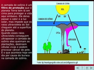 A camada de ozônio é um  filtro de proteção  que o planeta Terra tem lá em cima para proteger a vida aqui embaixo. Ela deixa passar o calor e a luz solar, mas impede que os raios ultravioleta do Sol cheguem até a superfície do planeta.  Quando esses raios ultravioleta conseguem ultrapassar a camada de ozônio eles queimam as plantações, destroem células vivas e podem provocar câncer de pele. É o que acontece hoje em dia por causa do buraco na camada de ozônio. 