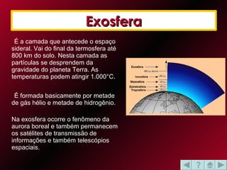 É a camada que antecede o espaço sideral. Vai do final da termosfera até 800 km do solo. Nesta camada as partículas se desprendem da gravidade do planeta Terra. As temperaturas podem atingir 1.000°C.  É formada basicamente por metade de gás hélio e metade de hidrogênio. Na exosfera ocorre o fenômeno da aurora boreal e também permanecem os satélites de transmissão de informações e também telescópios espaciais.  Exosfera 